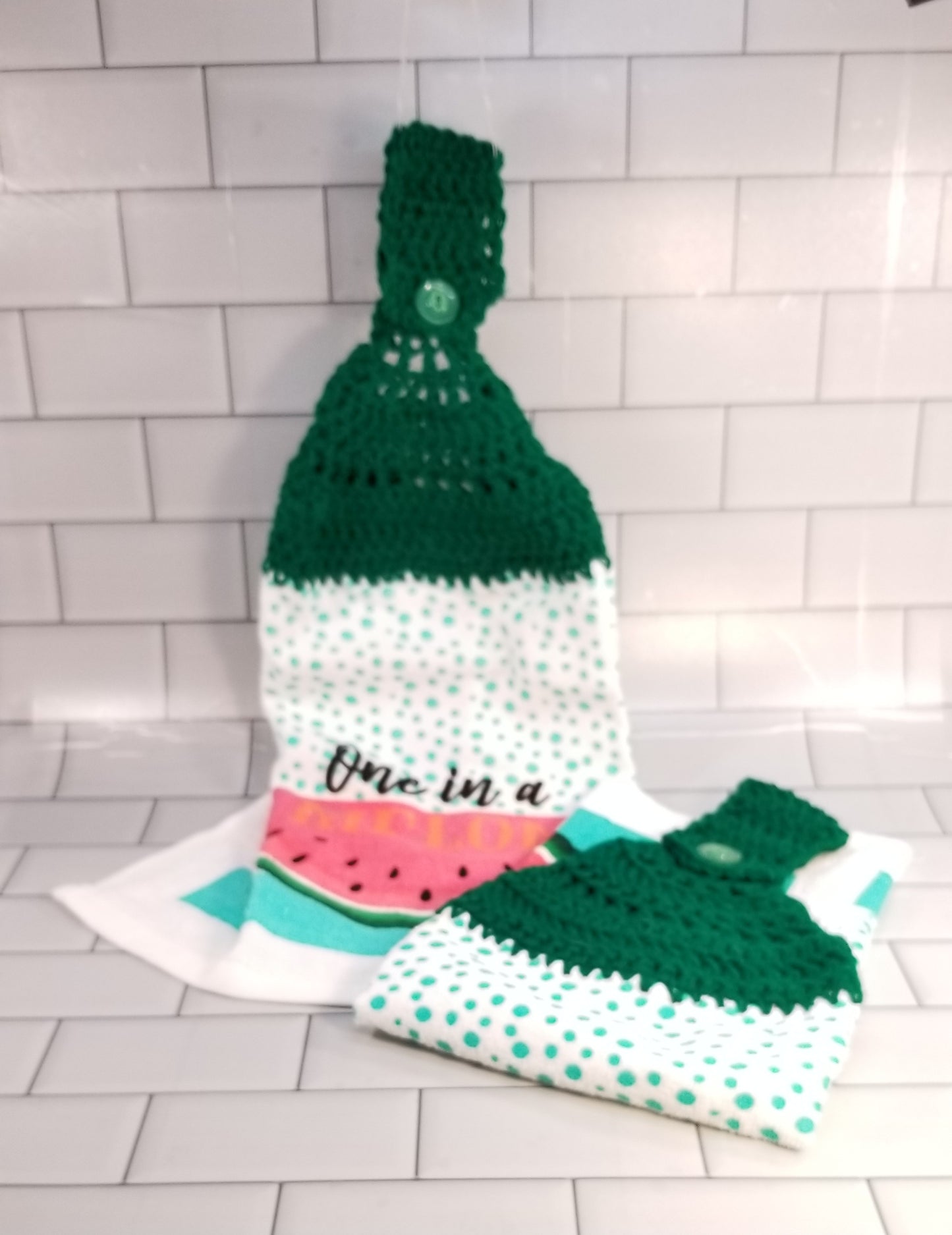 Handcrafted Crochet Hanging Tea Towel (Pastel Rainbow Topper) with Loop & Button Fastener