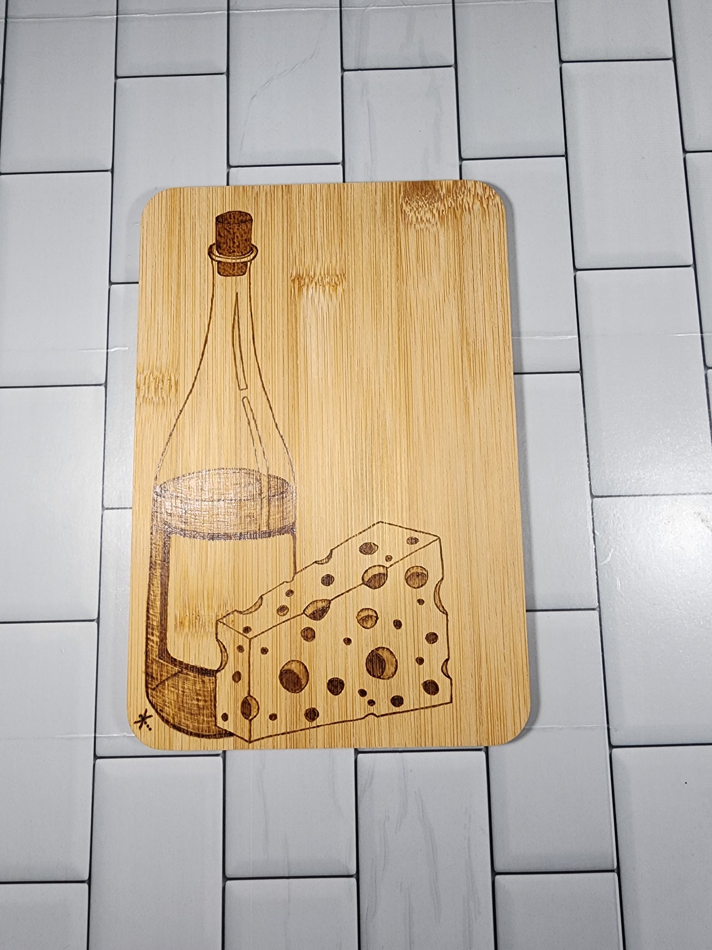 Freehand Woodburned Wine and Cheese Bamboo Cutting Board