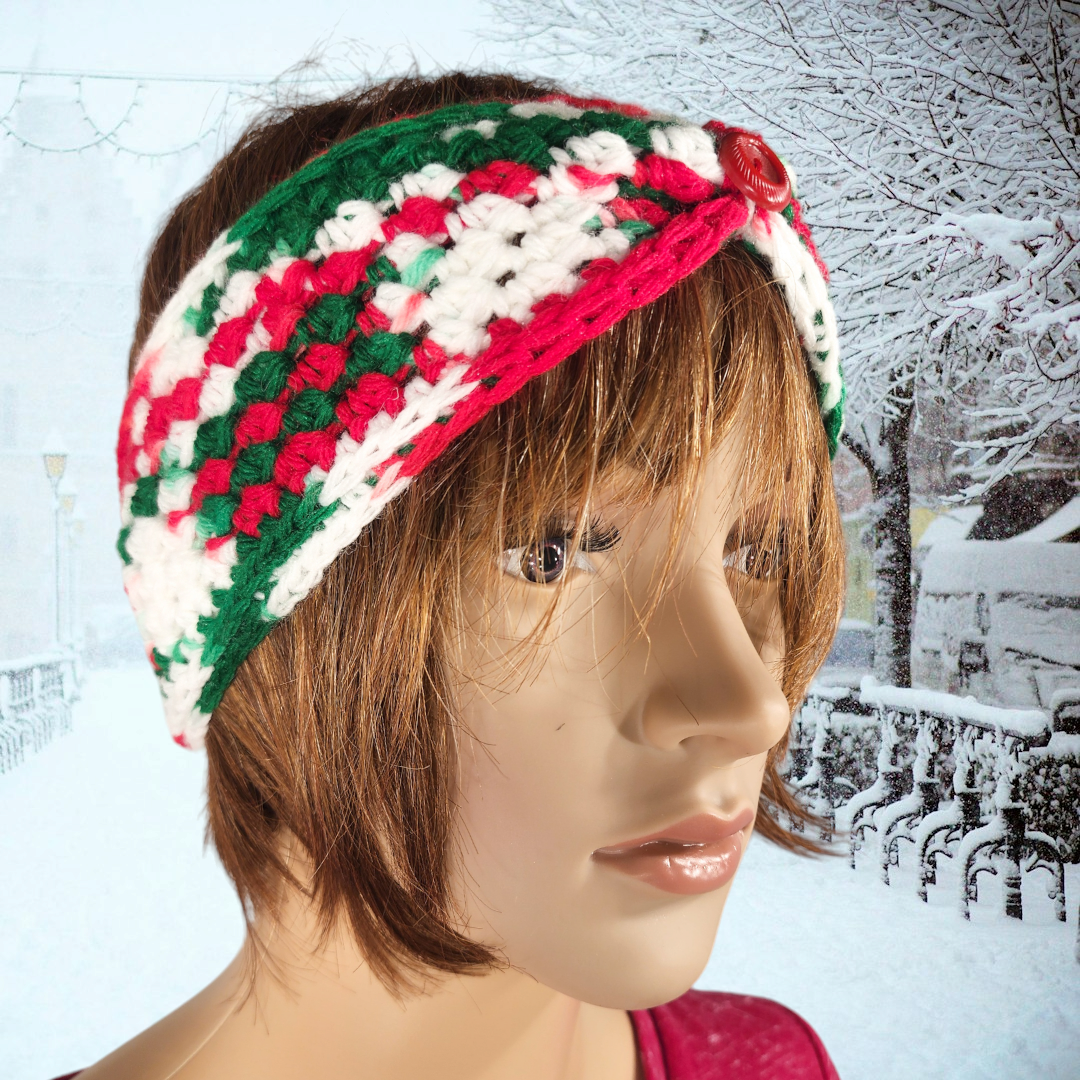 Handmade Crochet Earwarmer with Button (Red/Green/White)
