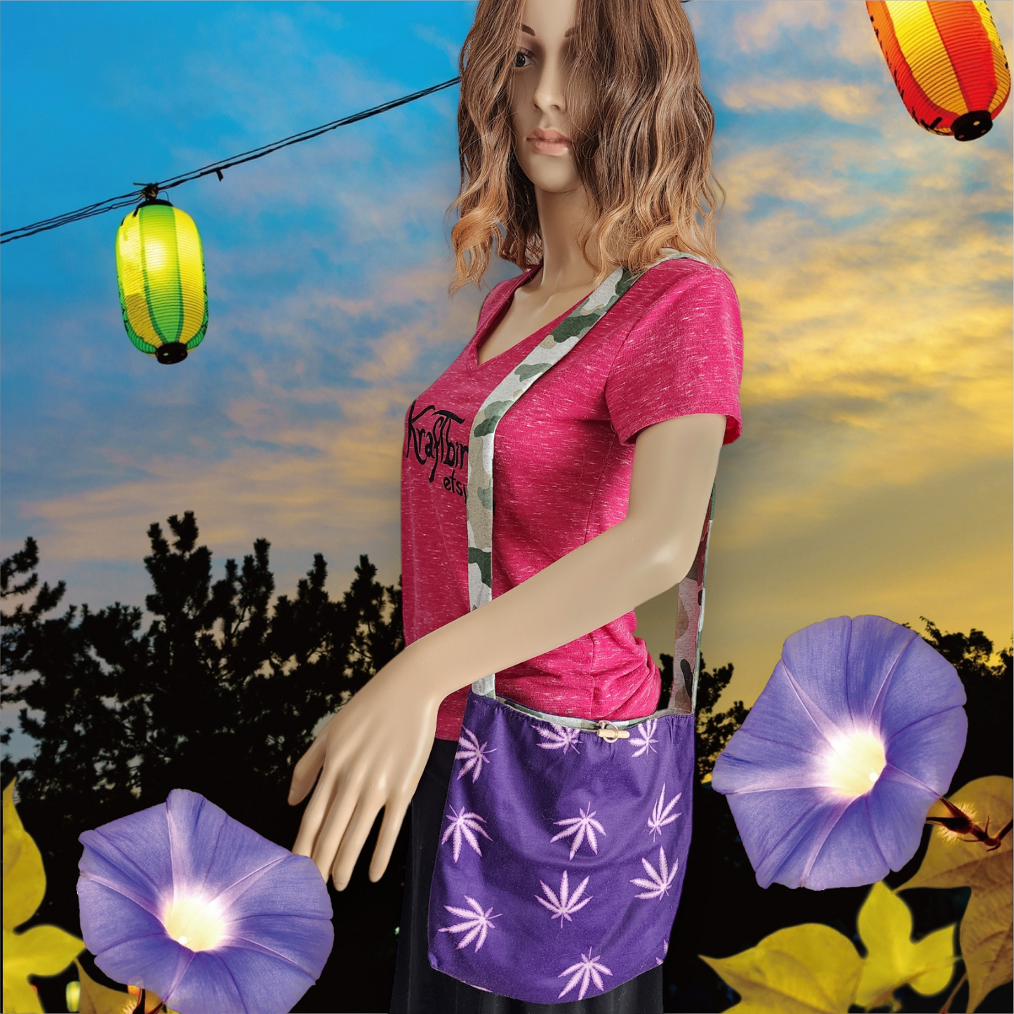 Handmade Hippie Boho Reversible Crossbody Bag (Purple Marijuana Leaves)