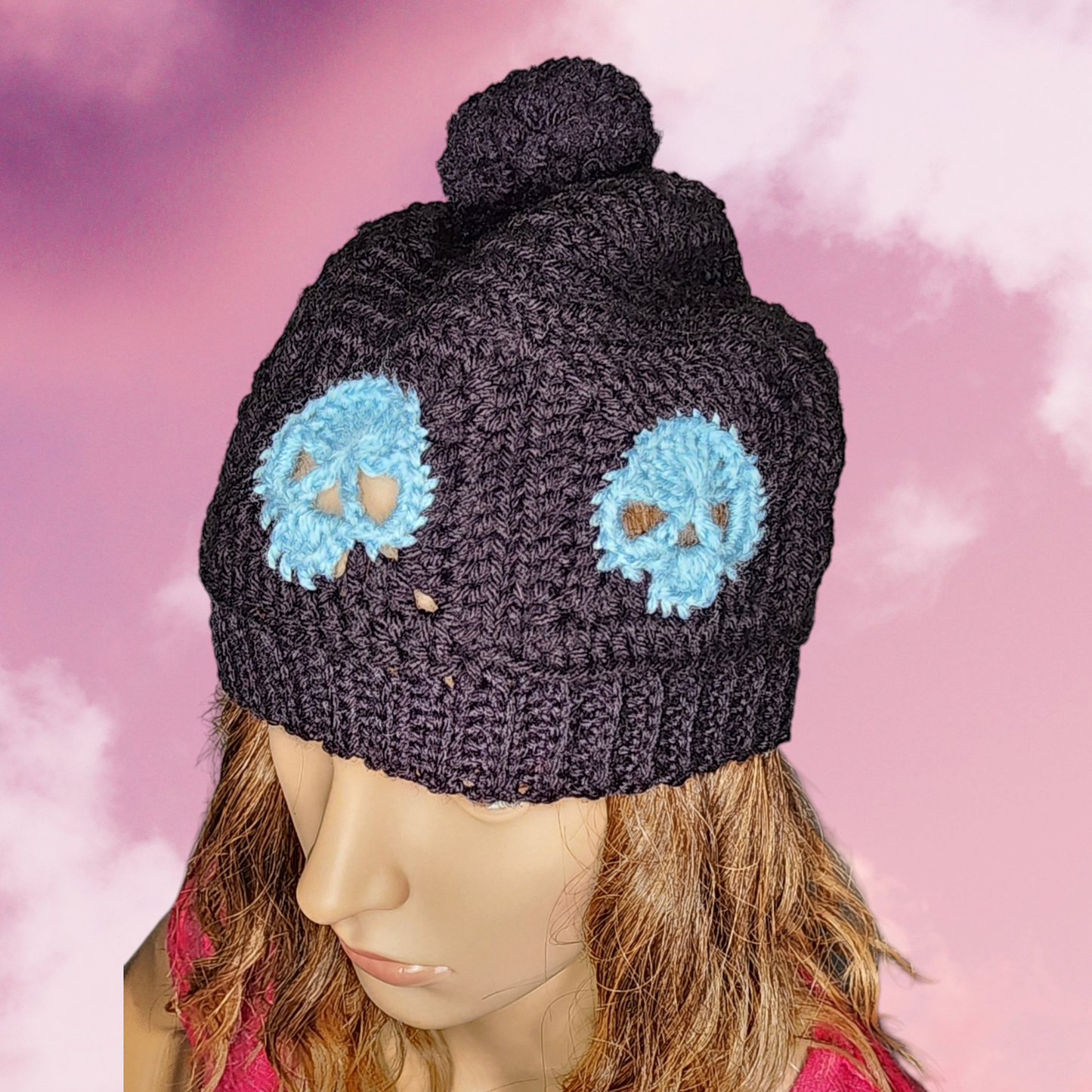 Handmade Crochet Skull Beanie Hat with Pompom (Black/Green)