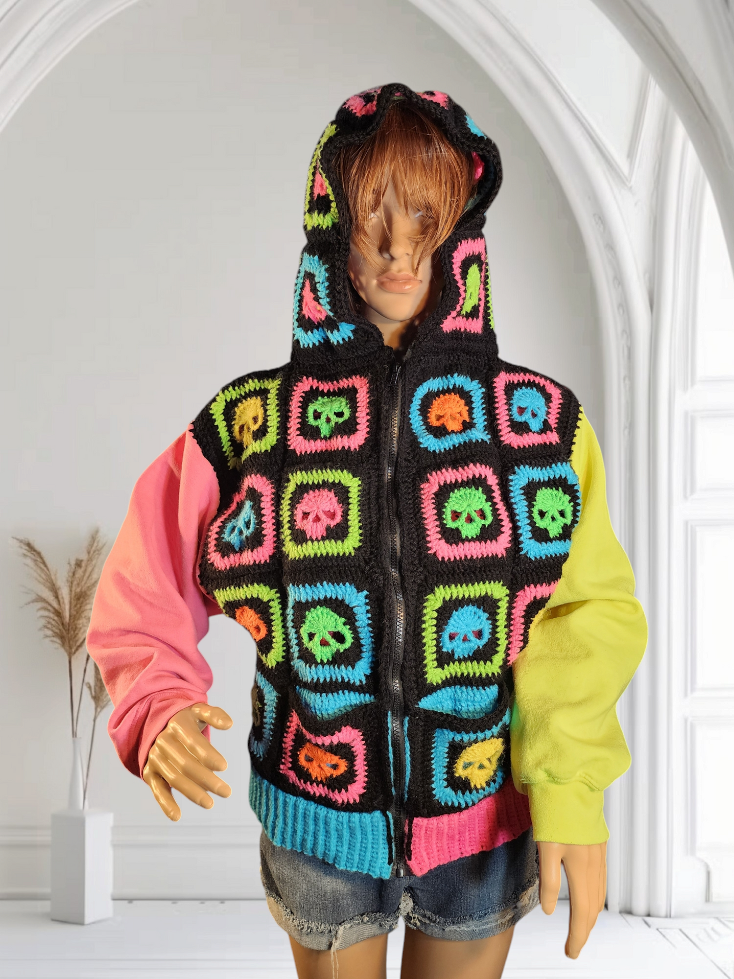 Handmade Crochet Skull Hoodie with Pockets and Zipper (Custom Order Only)