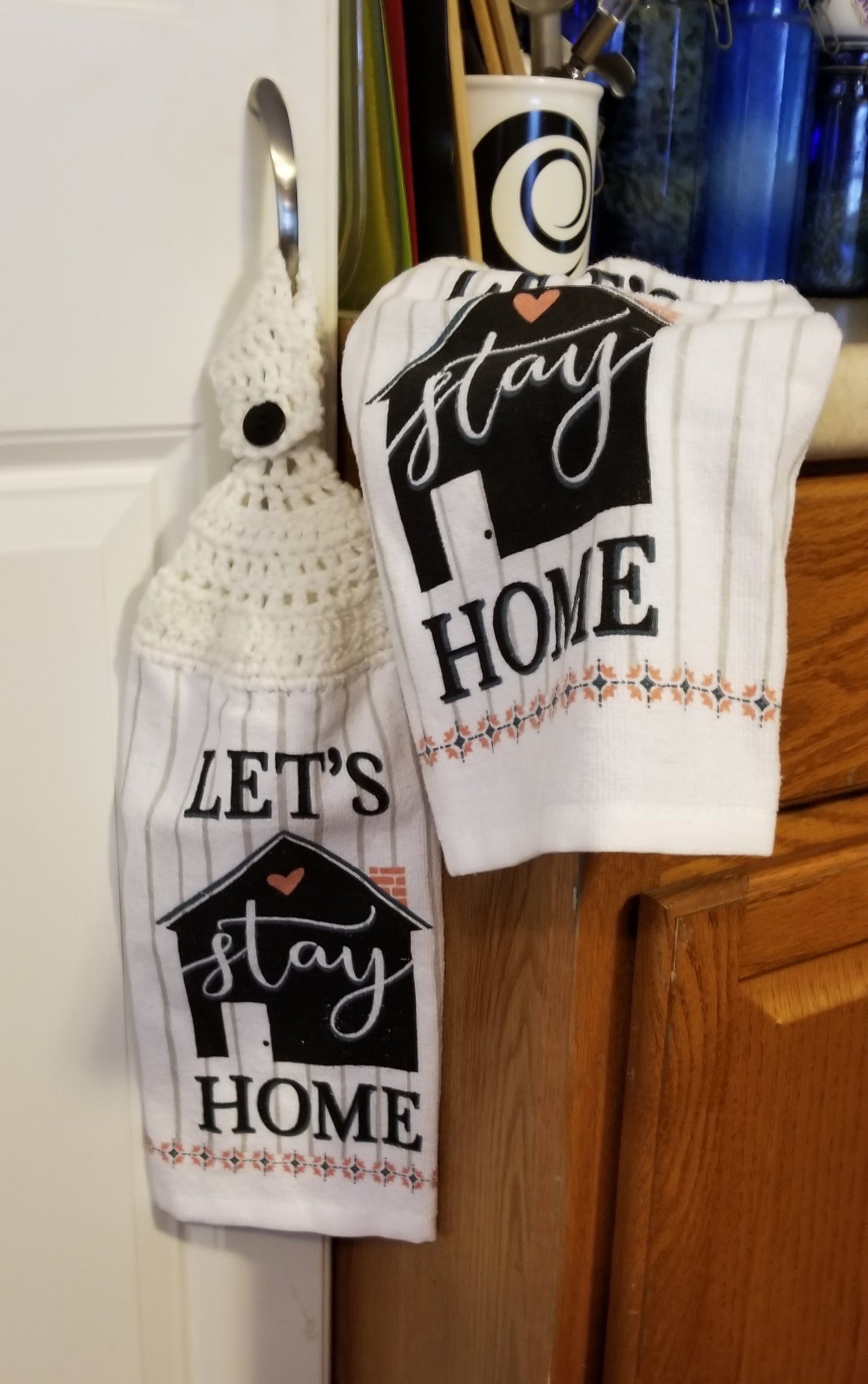 Handcrafted Crochet Hanging Tea Towel Set (White Toppers) with Loop & Button Fastener