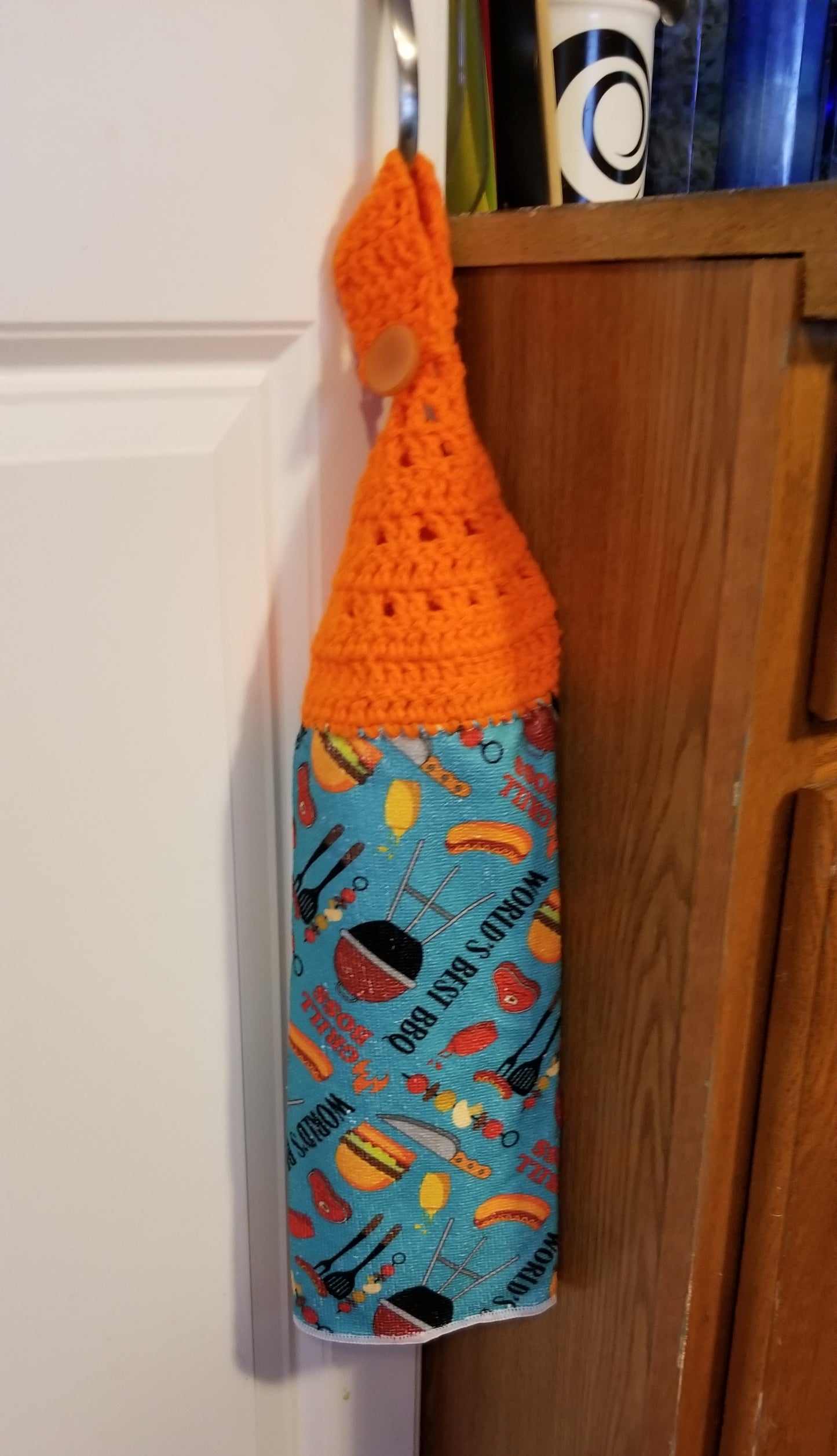 Handcrafted Crochet Hanging Tea Towel (Mustard Yellow or Orange Topper) with Loop & Button Fastener