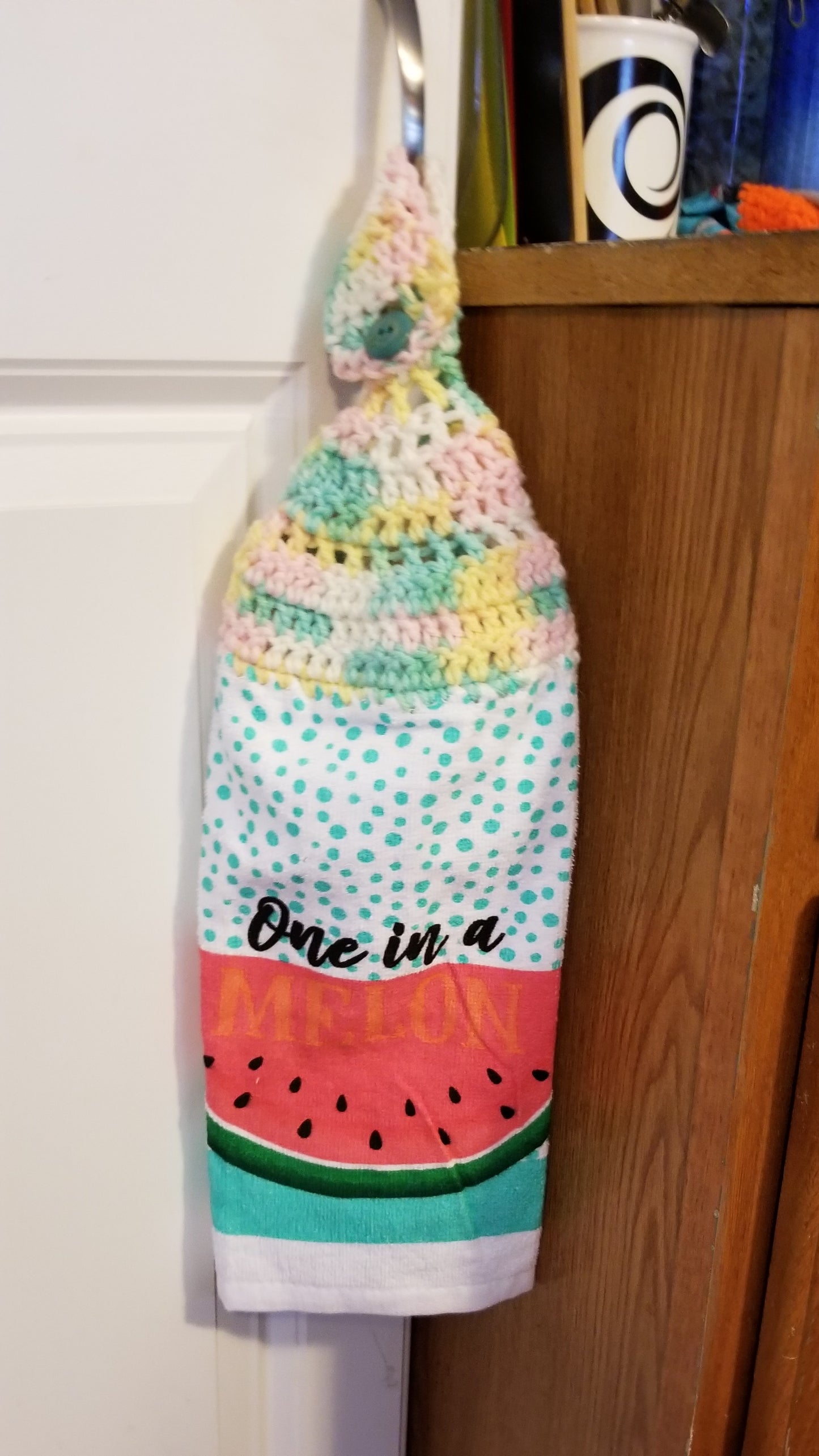 Handcrafted Crochet Hanging Tea Towel (Pastel Rainbow Topper) with Loop & Button Fastener