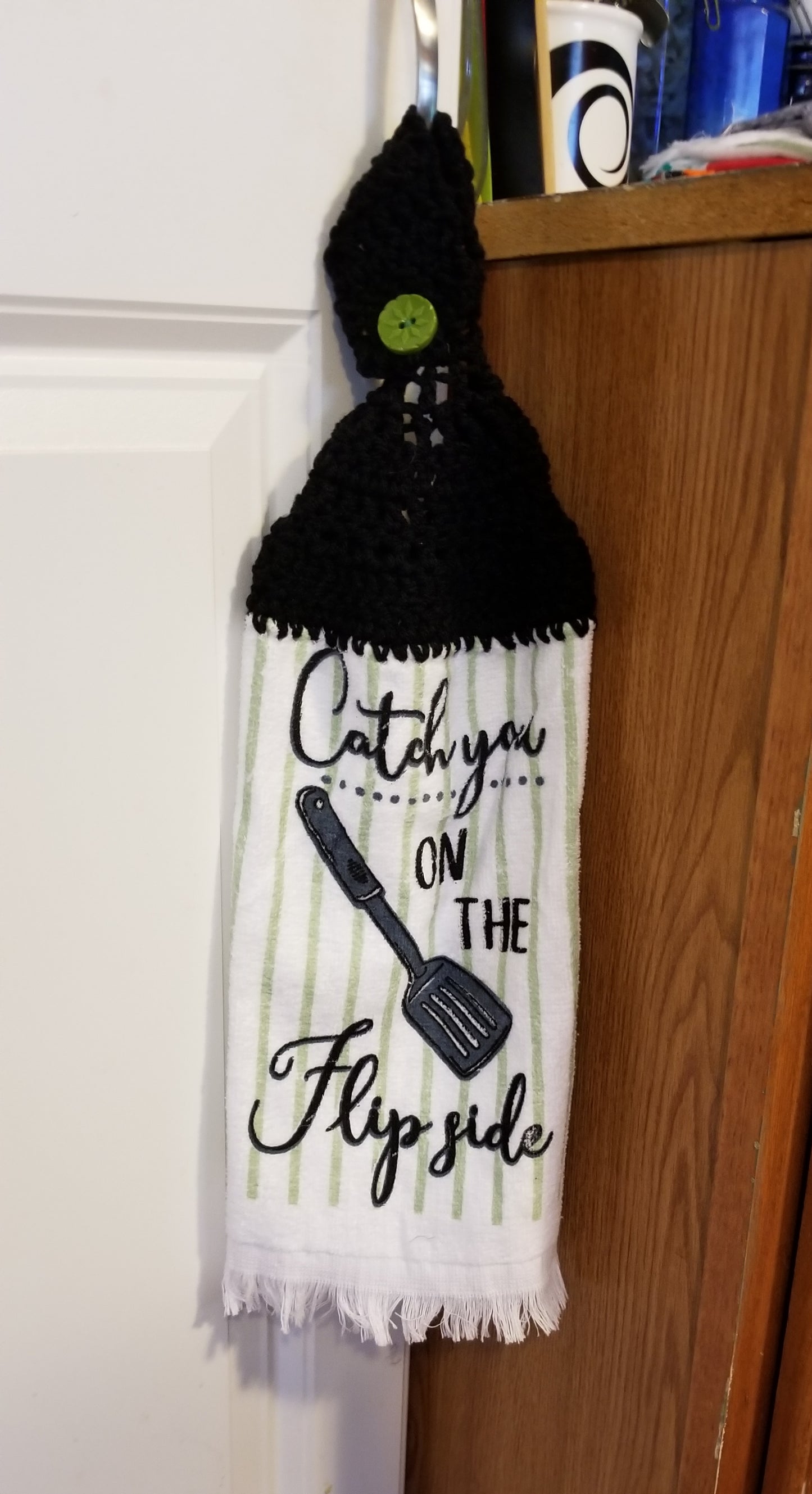 Handcrafted Crochet Hanging Tea Towel (Black Topper) with Loop & Button Fastener