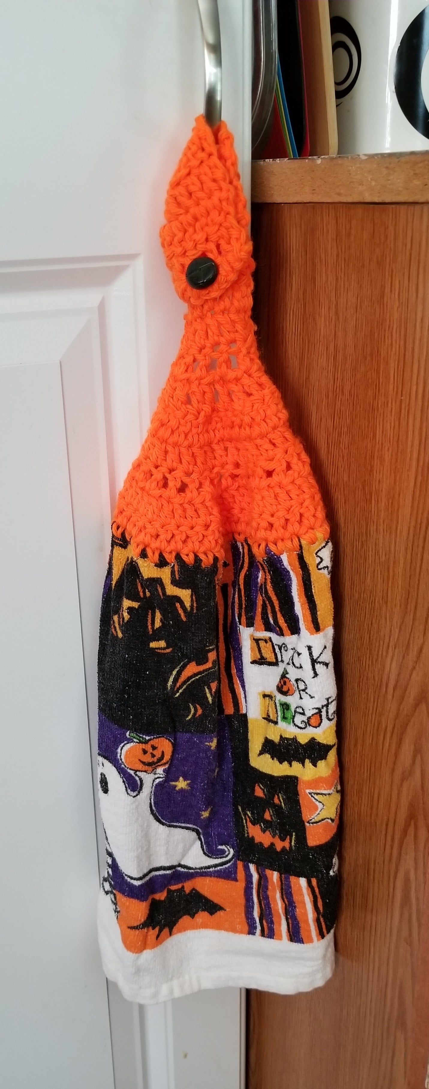 Handcrafted Crochet Hanging Tea Towel (Orange Topper) with Loop & Button Fastener