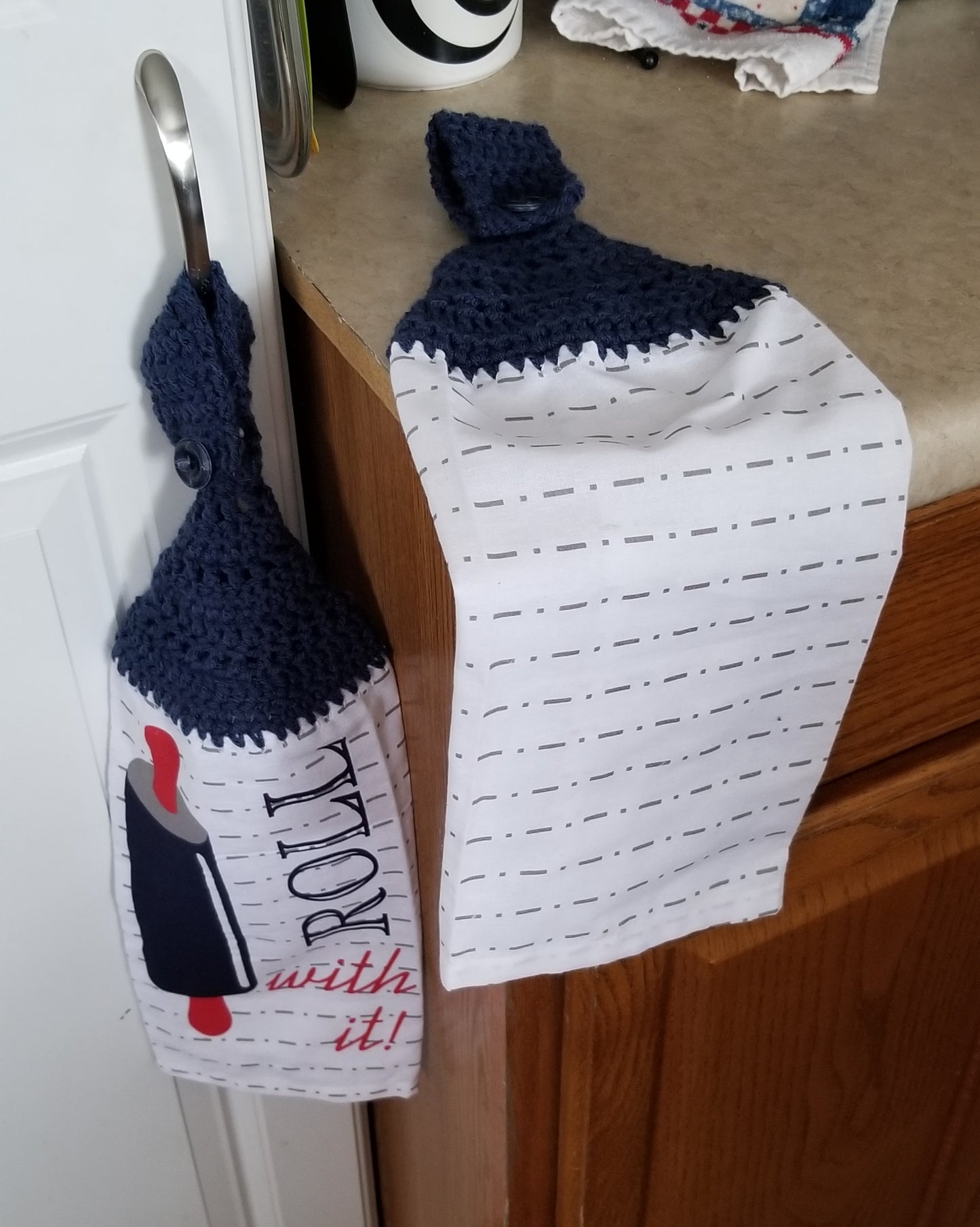 Handcrafted Crochet Hanging Tea Towel Set (Blue or Grey Toppers) with Loop & Button Fastener