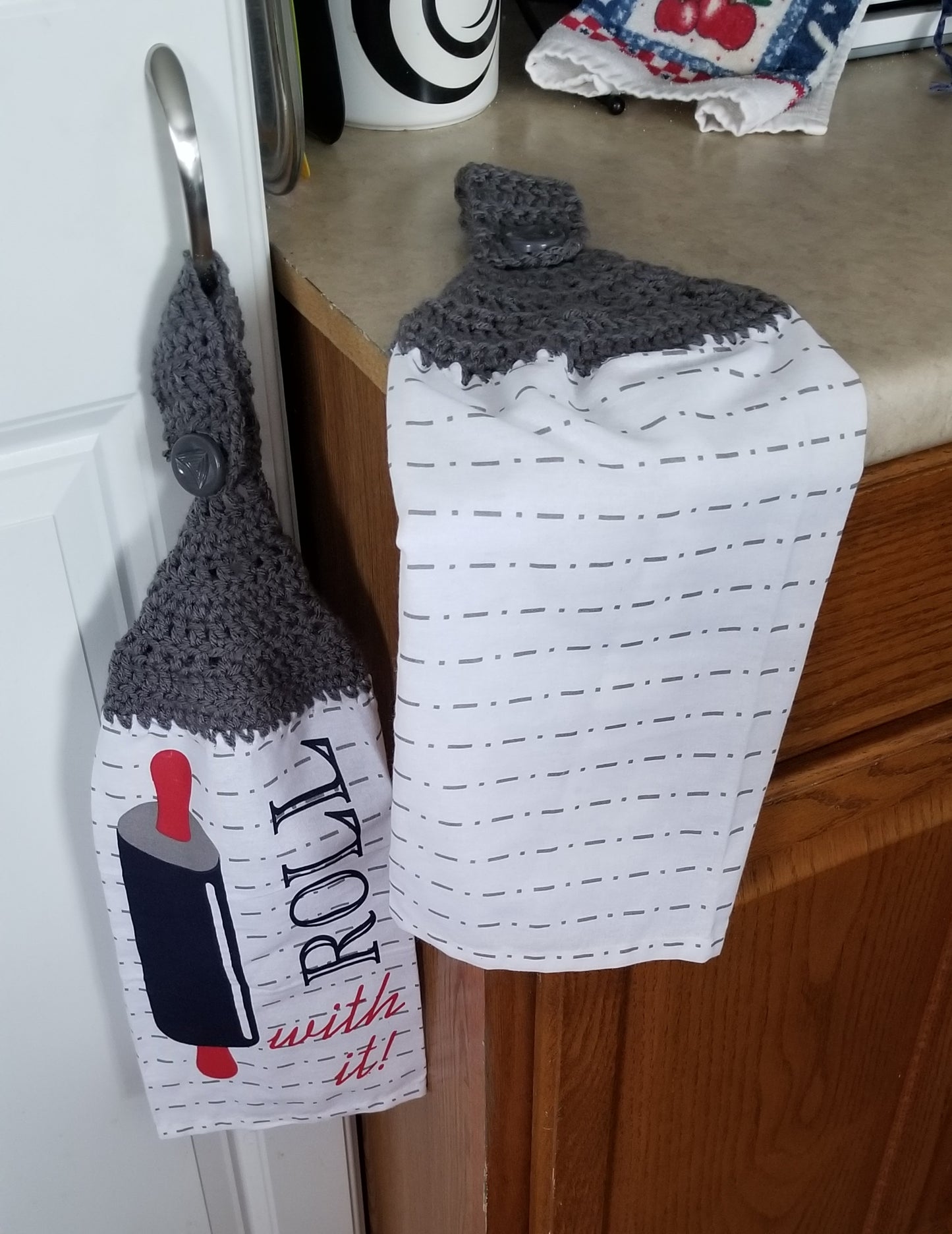 Handcrafted Crochet Hanging Tea Towel Set (Blue or Grey Toppers) with Loop & Button Fastener