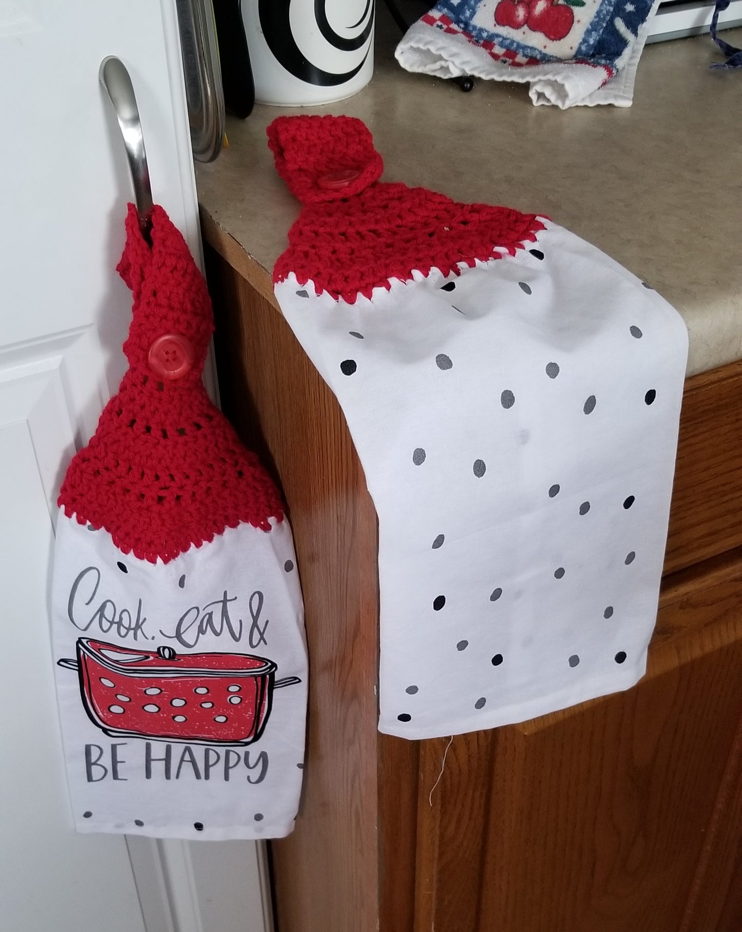 Handcrafted Crochet Hanging Tea Towel Set (Red Toppers) with Loop & Button Fastener