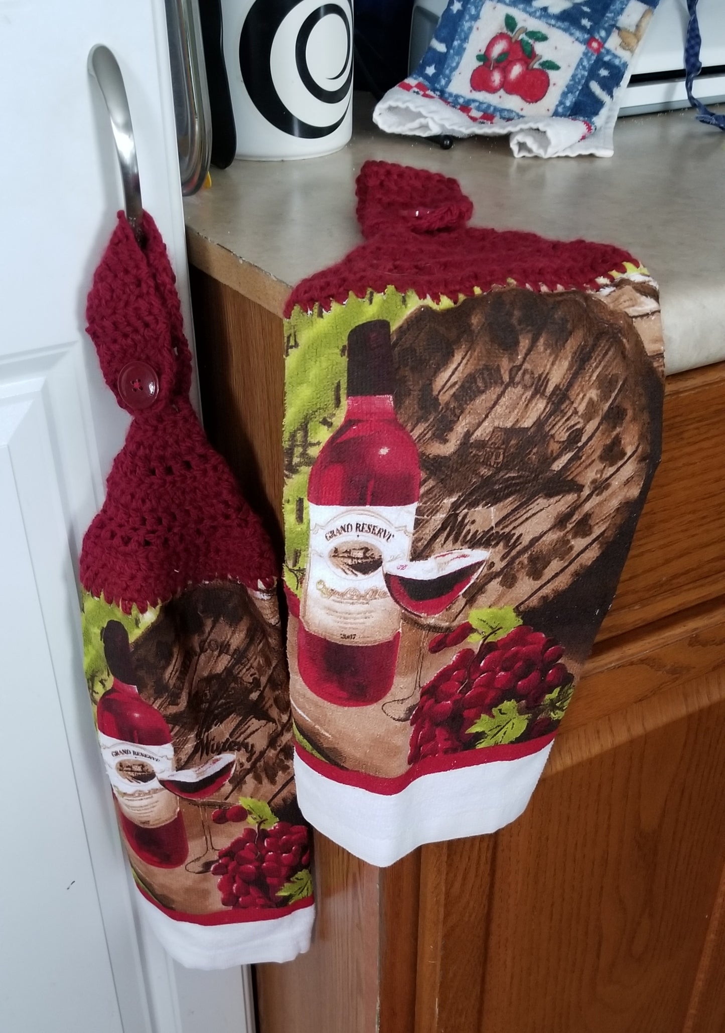 Handcrafted Crochet Hanging Tea Towel Set (Burgundy Toppers) with Loop & Button Fastener