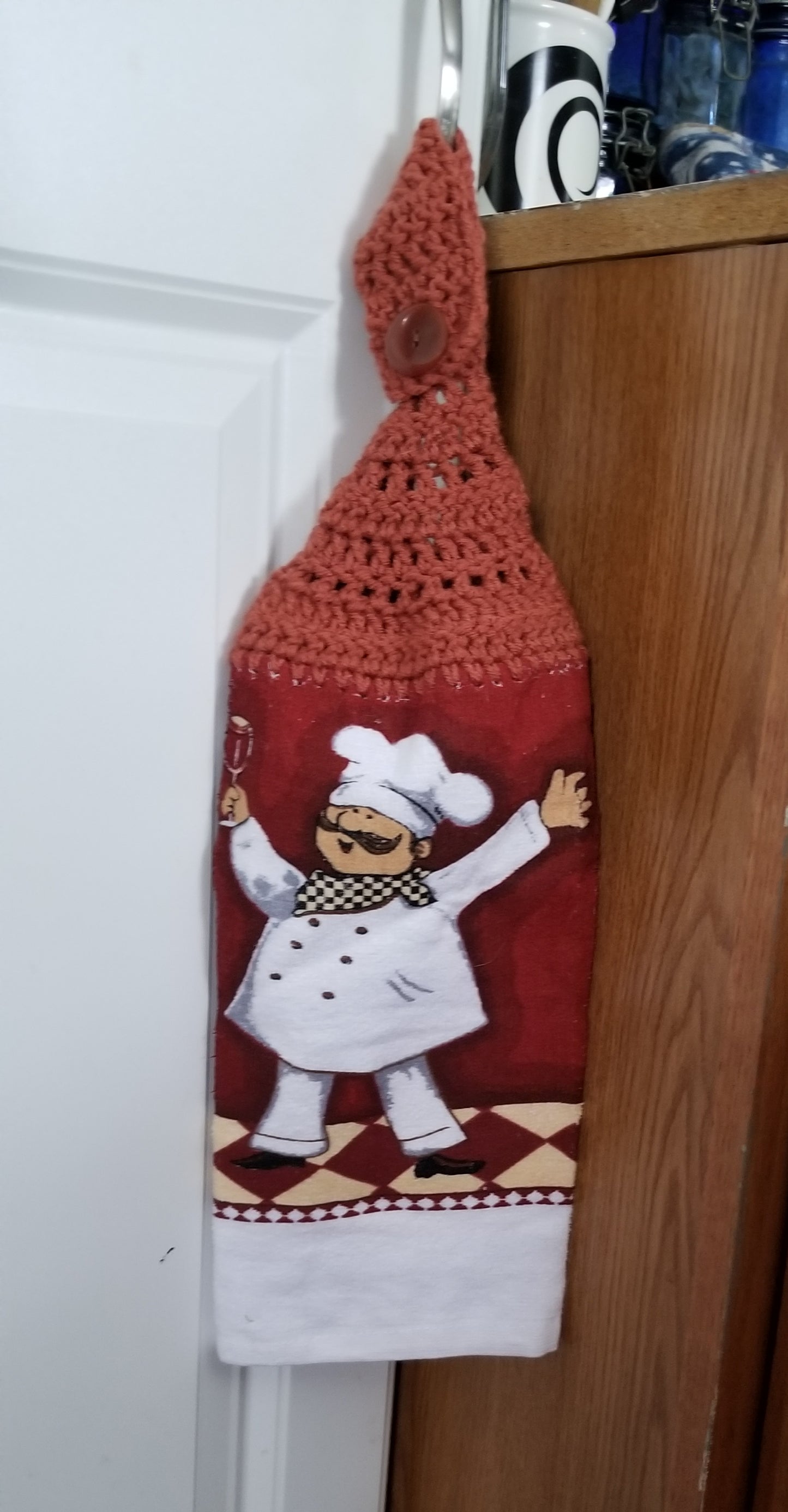 Handcrafted Crochet Hanging Tea Towel (Maroon or Burnt Orange Topper) with Loop & Button Fastener