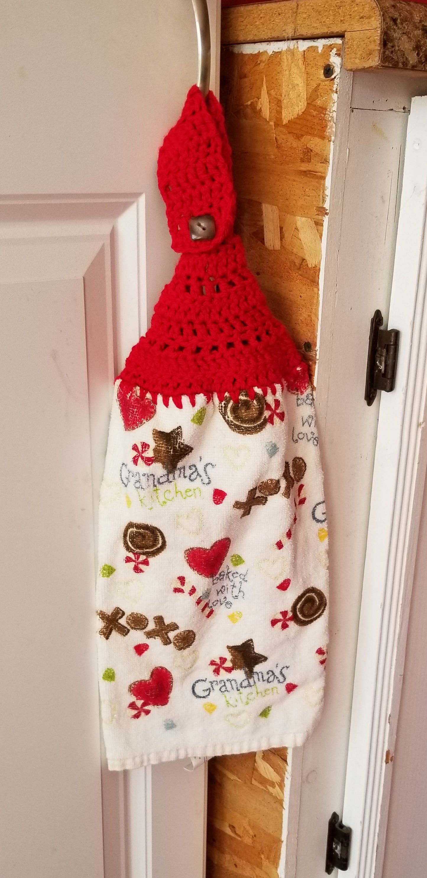 Handcrafted Crochet Hanging Tea Towel (Red Topper) with Loop & Button Fastener