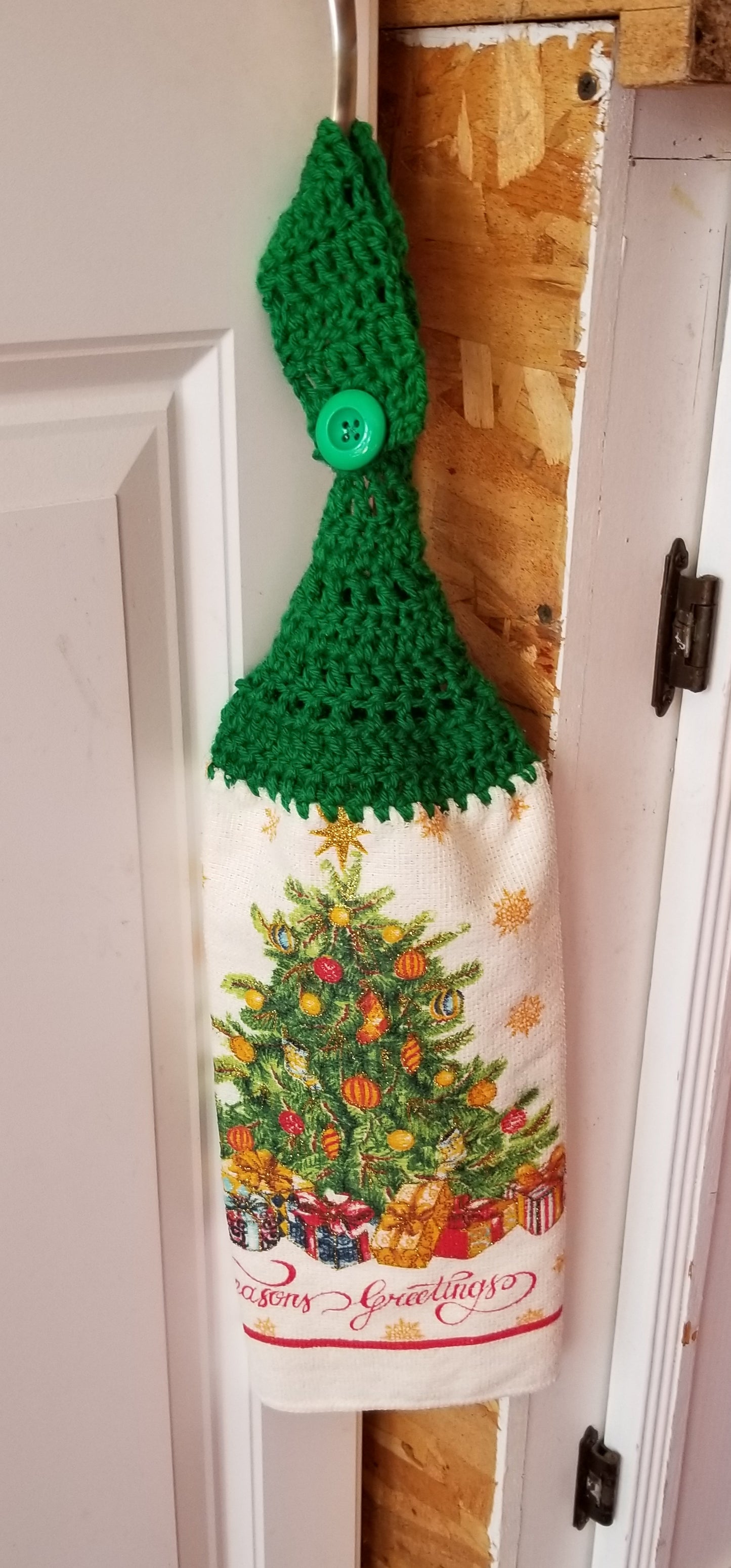 Handcrafted Crochet Hanging Tea Towel (Green Topper) with Loop & Button Fastener