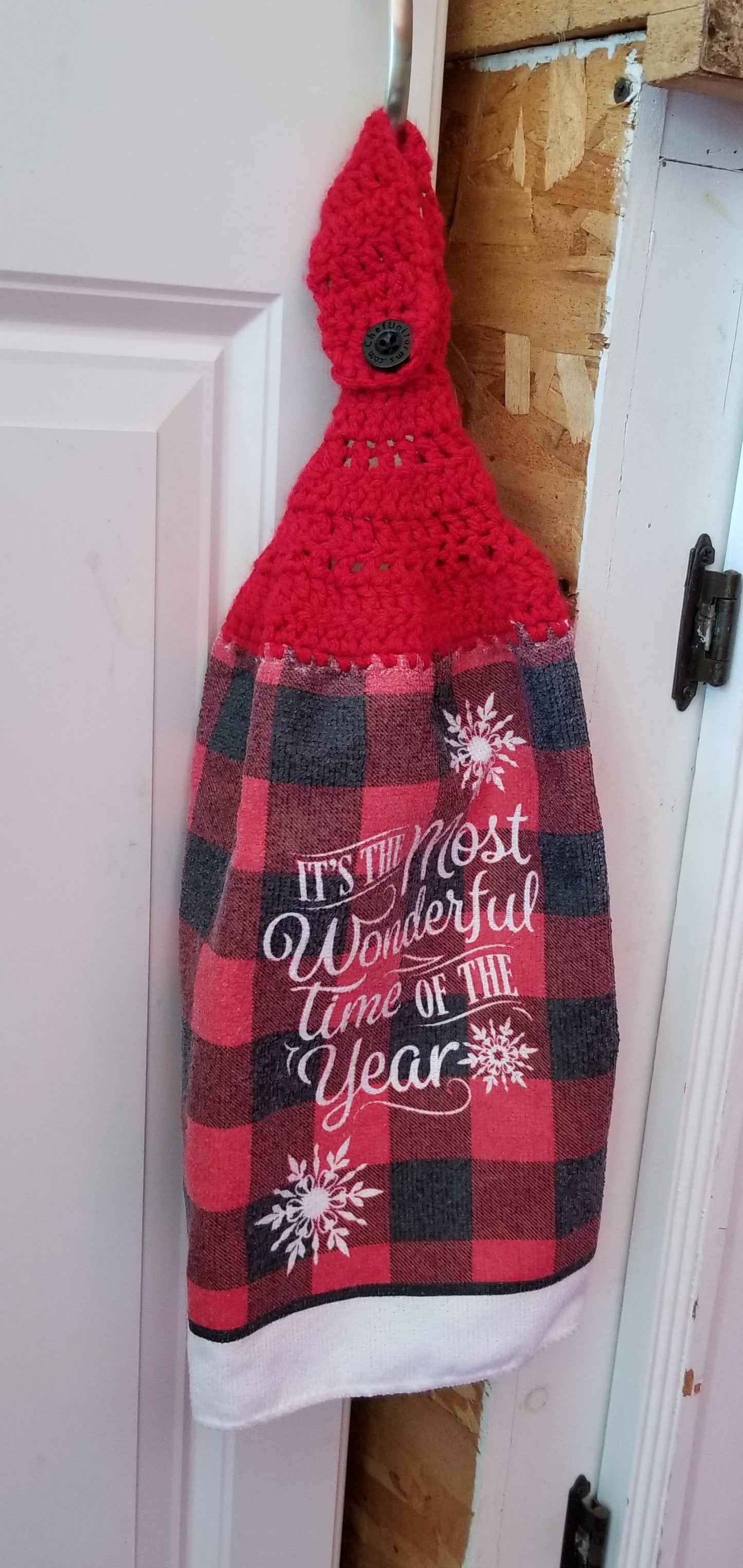 Handcrafted Crochet Hanging Tea Towel (Red Topper) with Loop & Button Fastener