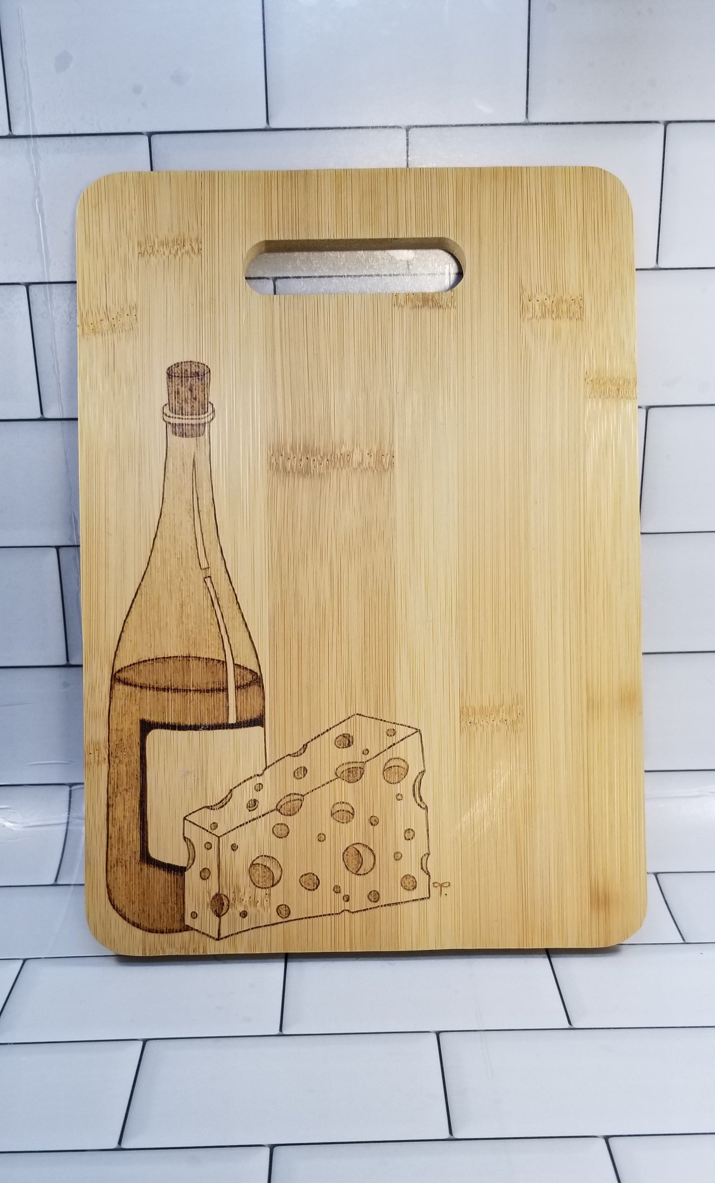 Freehand Woodburned Wine and Cheese Bamboo Cutting Board