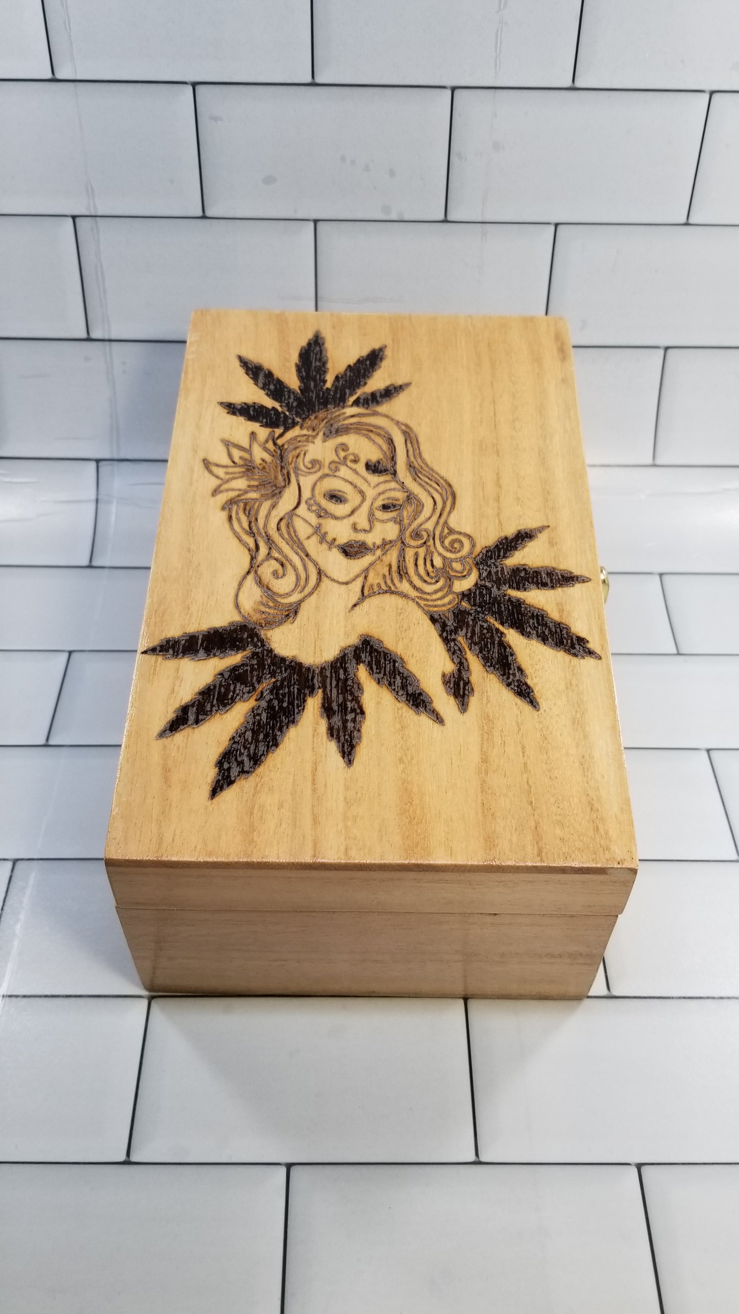 Freehand Woodburned Sugar Skull Face Box