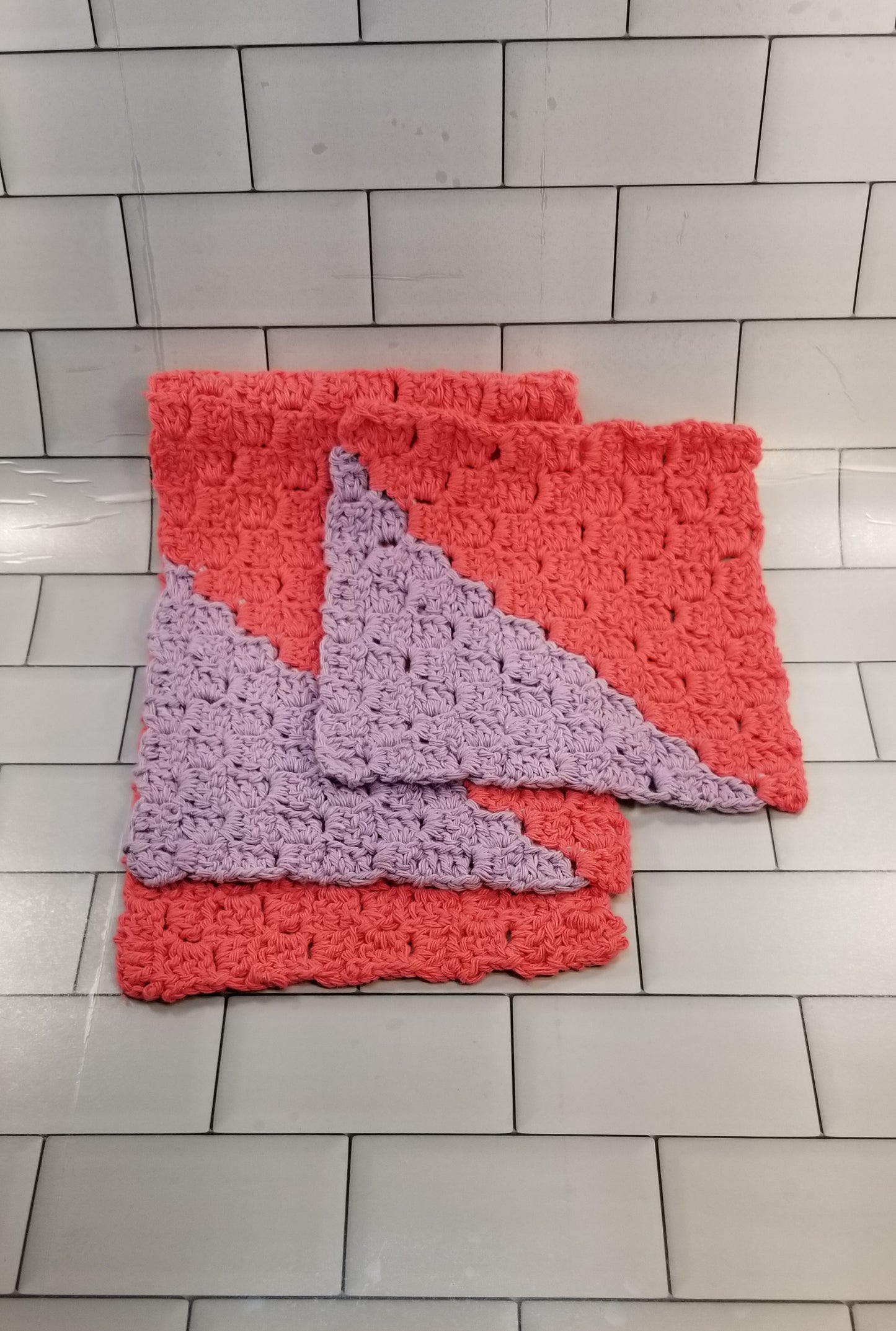 Handmade Crochet Cooking Towel and Dishcloth Set (Salmon/Lavender)