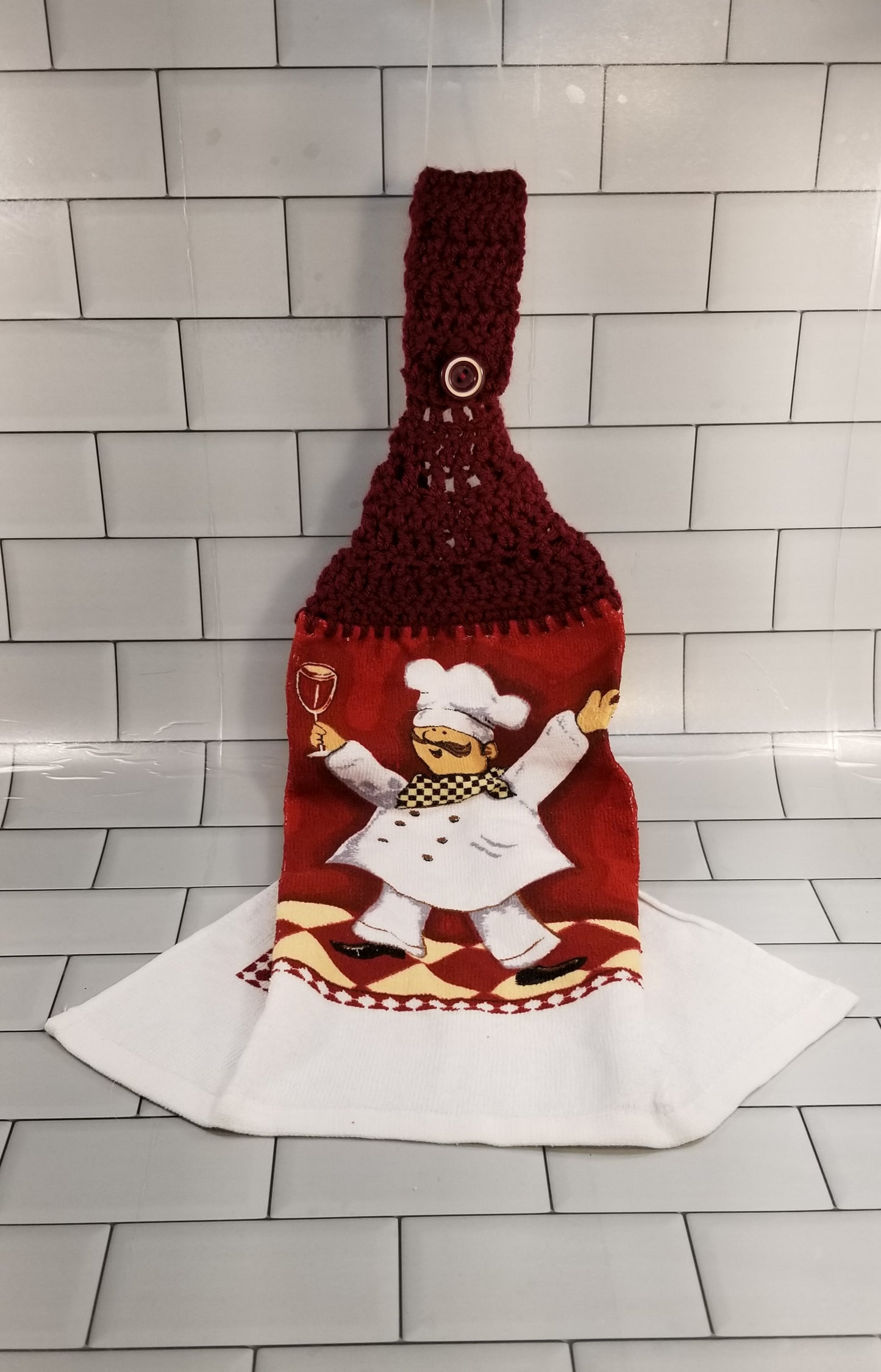 Handcrafted Crochet Hanging Tea Towel (Maroon or Burnt Orange Topper) with Loop & Button Fastener