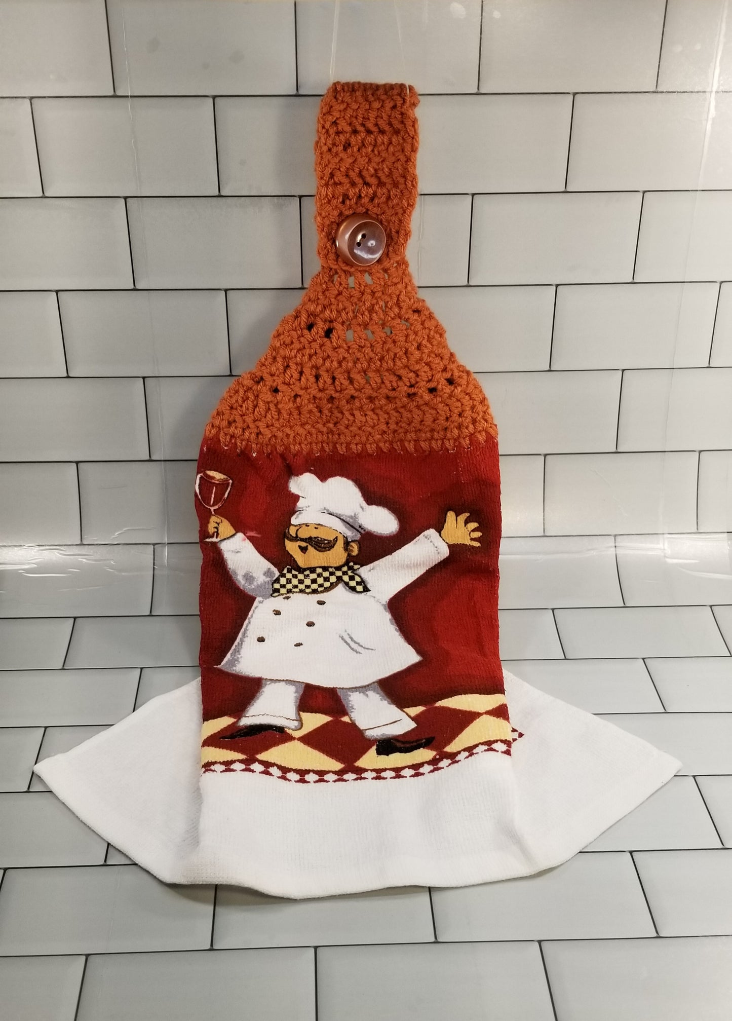 Handcrafted Crochet Hanging Tea Towel (Maroon or Burnt Orange Topper) with Loop & Button Fastener