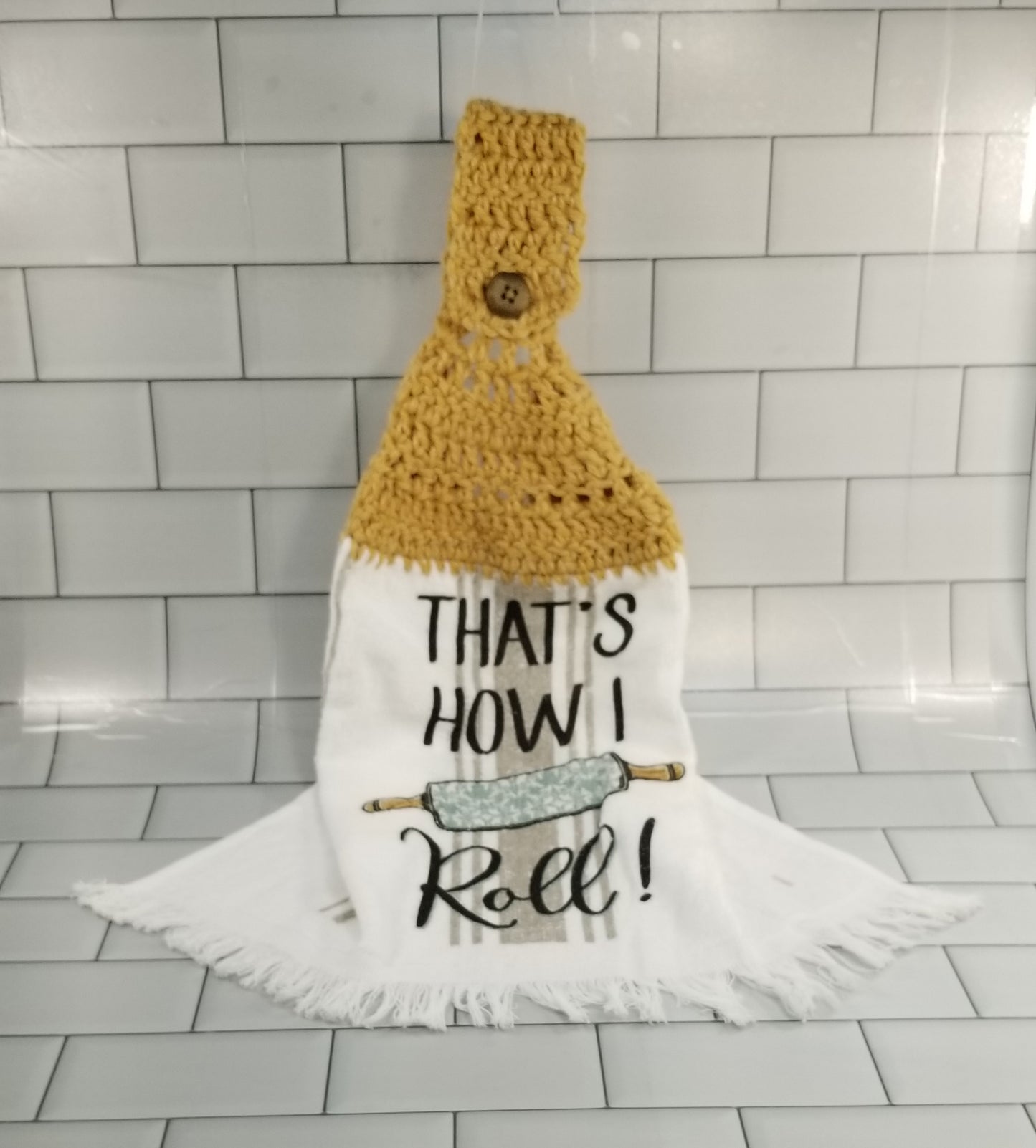 Handcrafted Crochet Hanging Tea Towel (Tan or White Topper) with Loop & Button Fastener