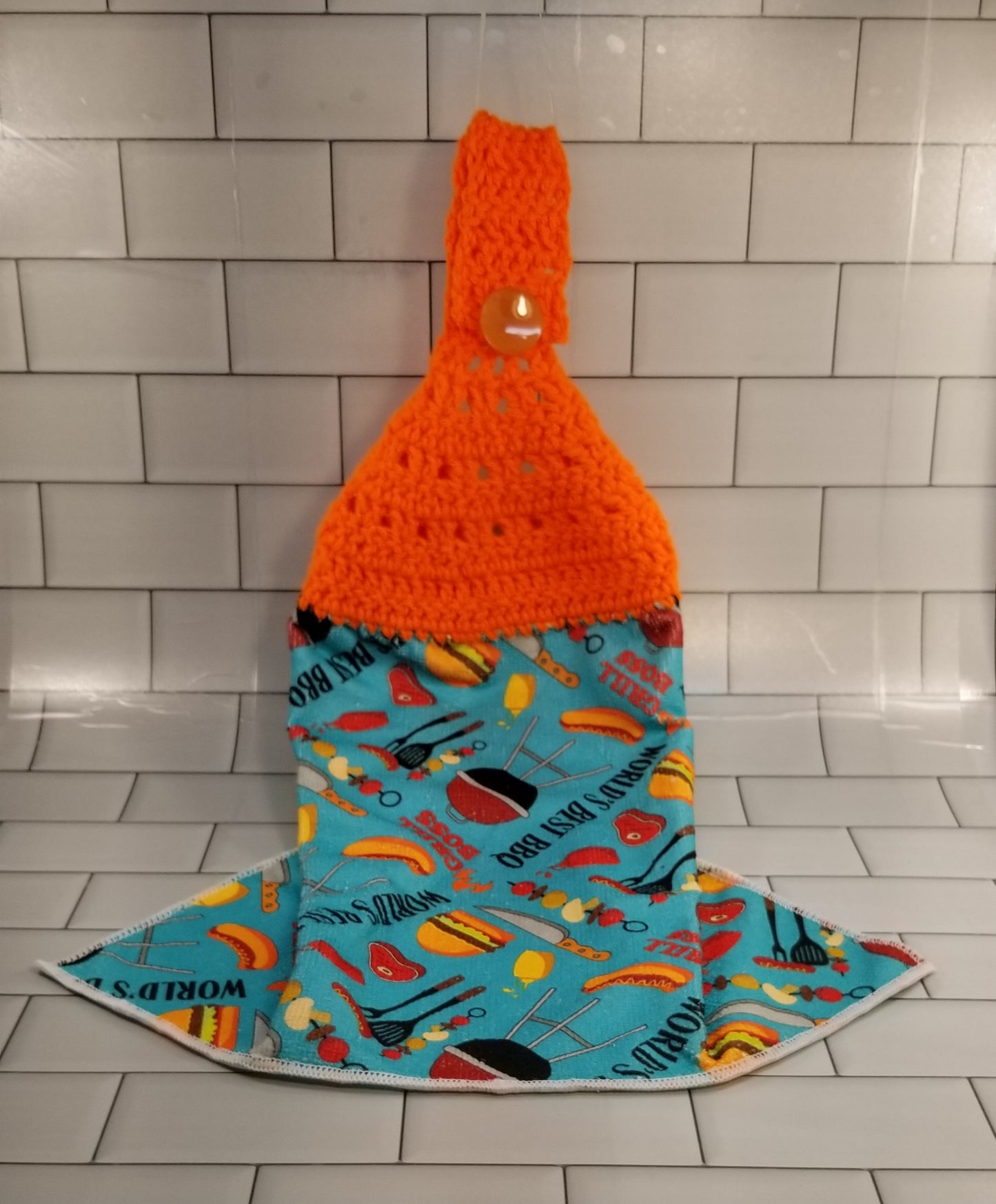 Handcrafted Crochet Hanging Tea Towel (Mustard Yellow or Orange Topper) with Loop & Button Fastener