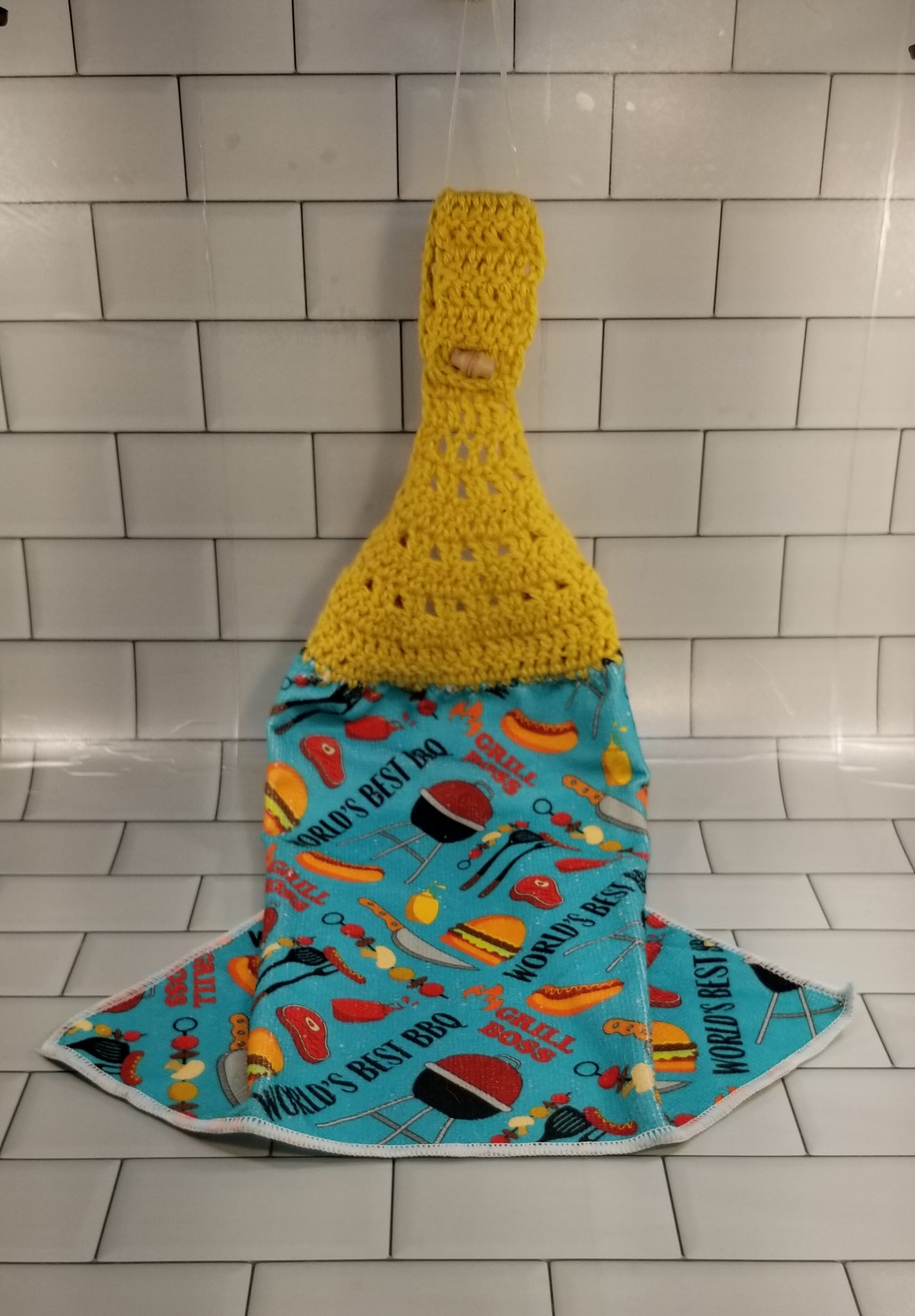 Handcrafted Crochet Hanging Tea Towel (Mustard Yellow or Orange Topper) with Loop & Button Fastener