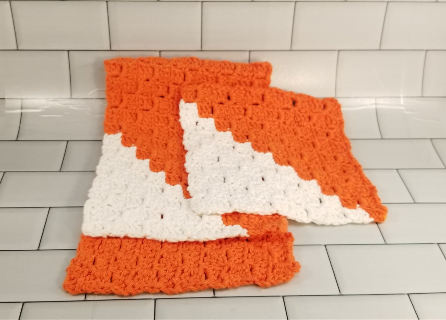 Handmade Crochet Cooking Towel and Dishcloth Set (Orange/White)