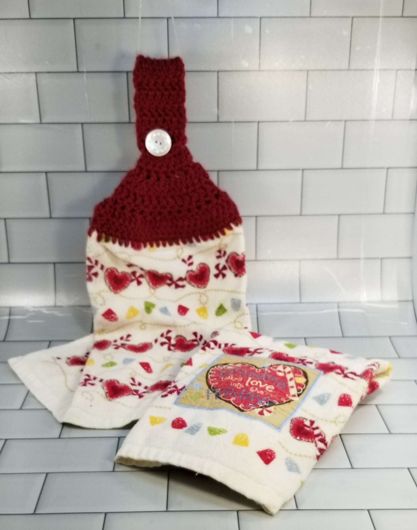 Handcrafted Crochet Hanging Tea Towel Set (Burgundy Toppers) with Loop & Button Fastener