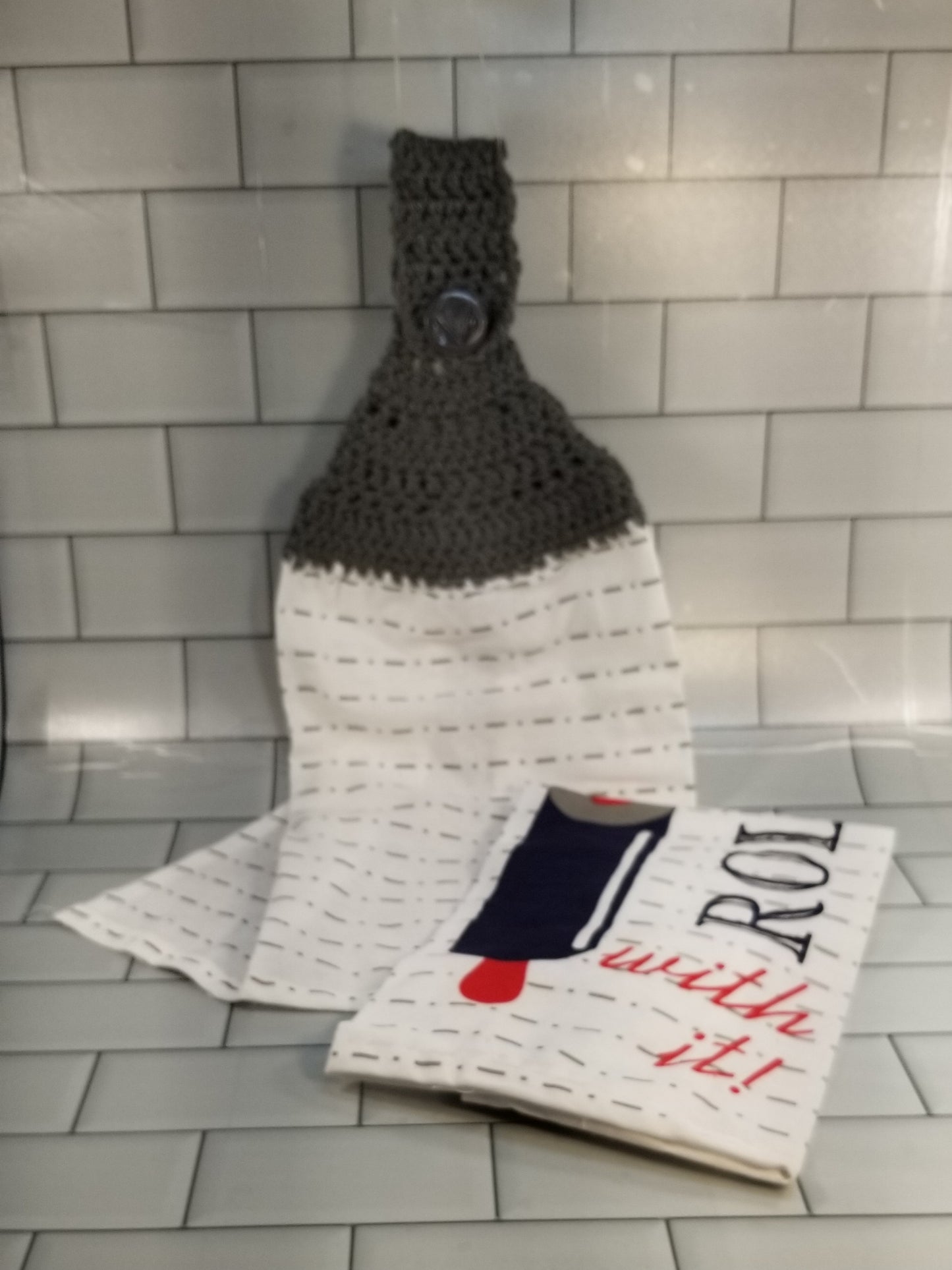 Handcrafted Crochet Hanging Tea Towel Set (Blue or Grey Toppers) with Loop & Button Fastener