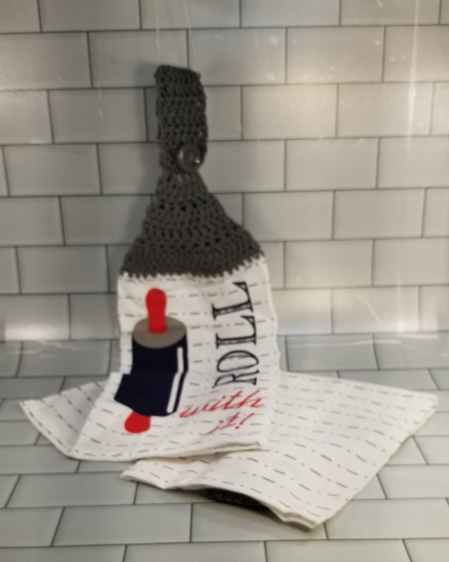 Handcrafted Crochet Hanging Tea Towel Set (Blue or Grey Toppers) with Loop & Button Fastener