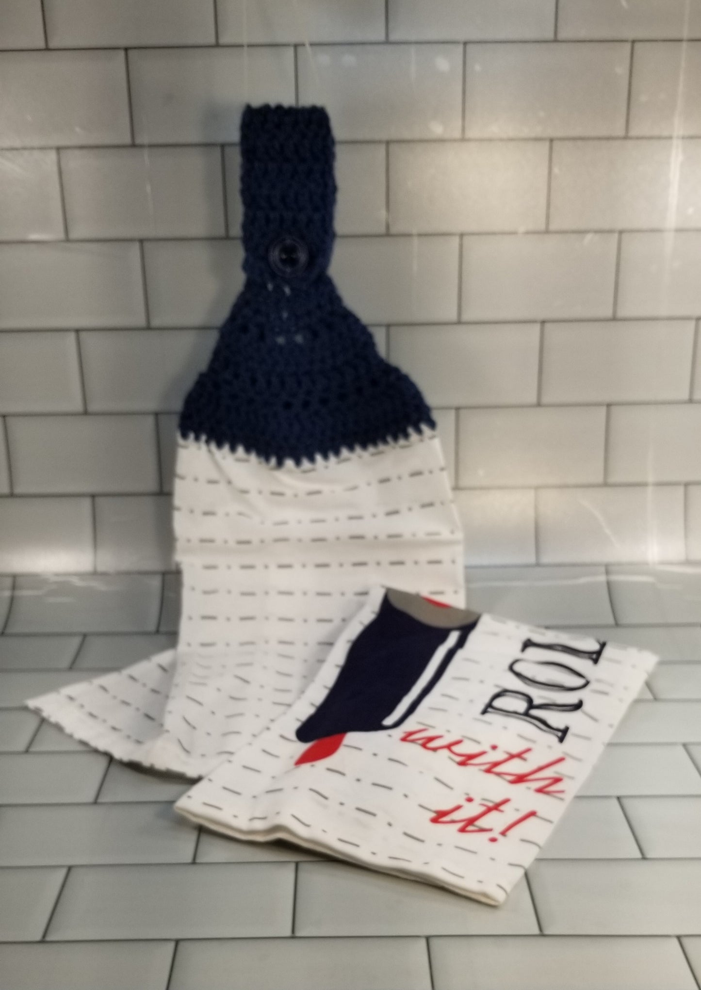 Handcrafted Crochet Hanging Tea Towel Set (Blue or Grey Toppers) with Loop & Button Fastener