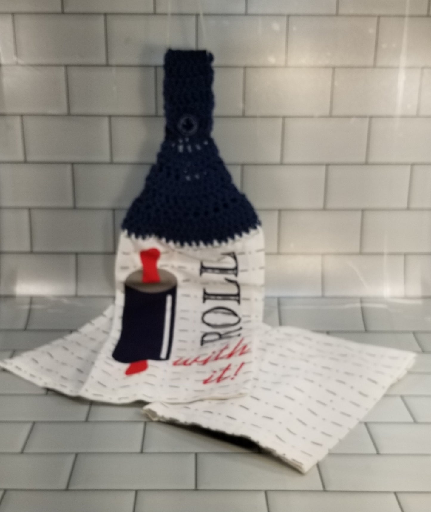 Handcrafted Crochet Hanging Tea Towel Set (Blue or Grey Toppers) with Loop & Button Fastener