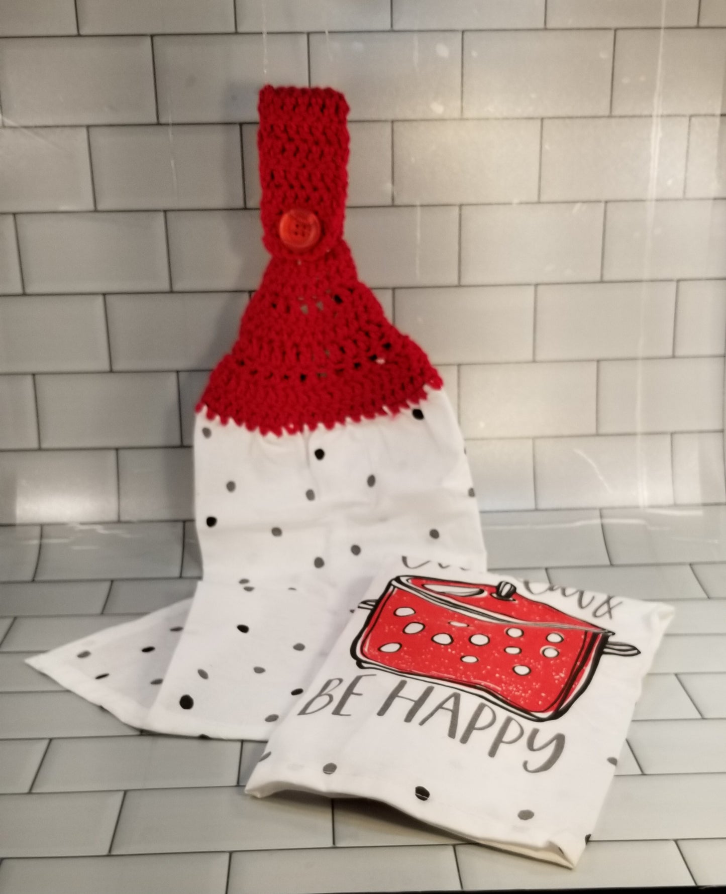 Handcrafted Crochet Hanging Tea Towel Set (Red Toppers) with Loop & Button Fastener