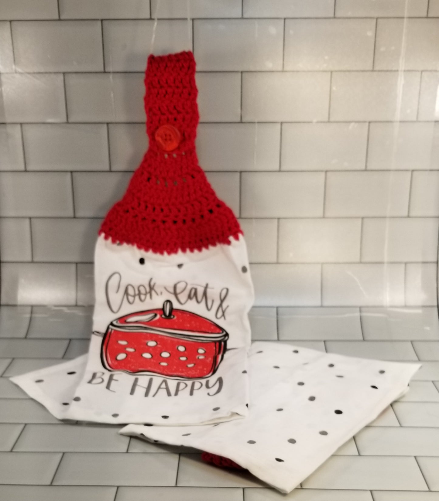 Handcrafted Crochet Hanging Tea Towel Set (Red Toppers) with Loop & Button Fastener