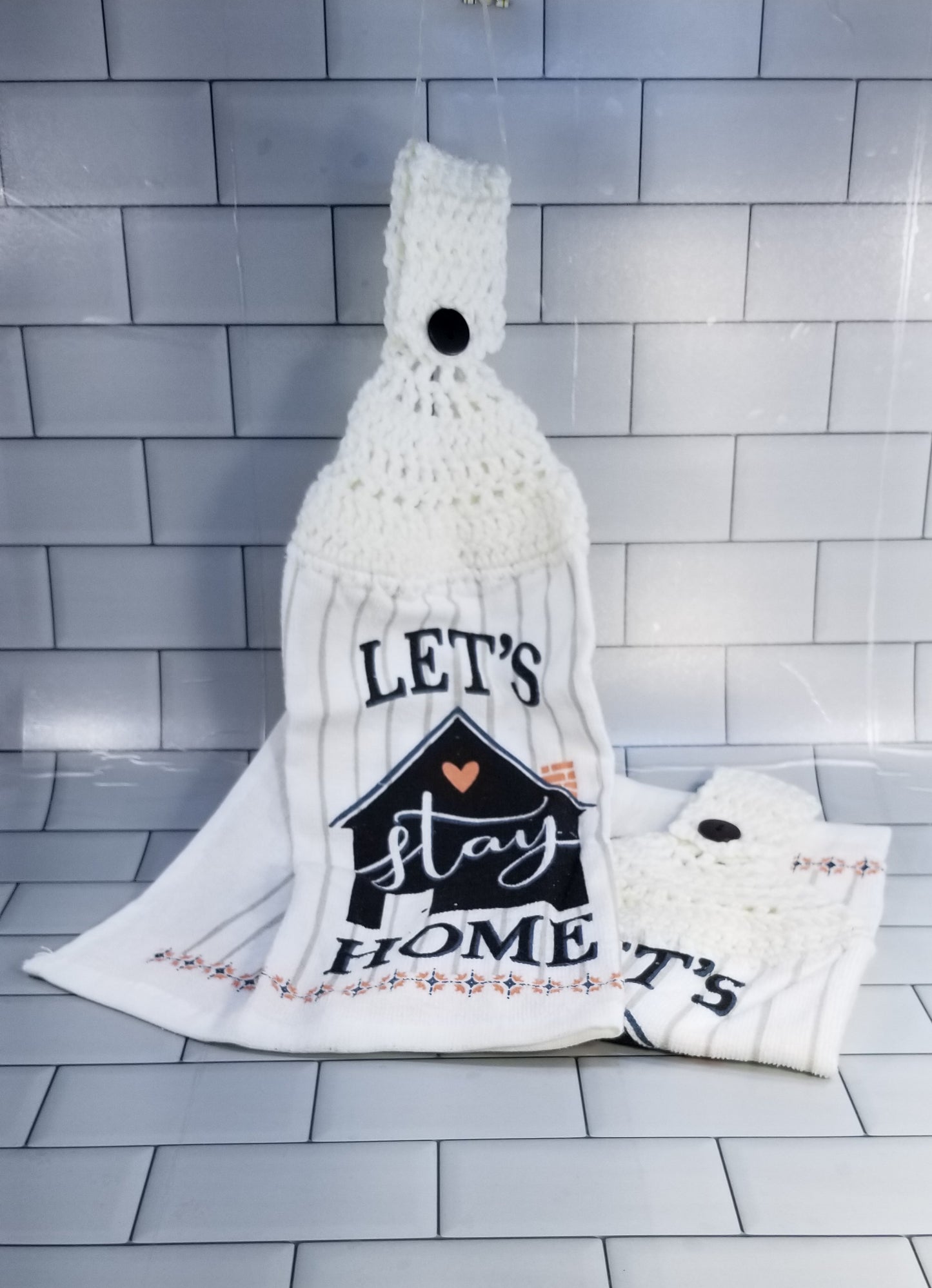 Handcrafted Crochet Hanging Tea Towel Set (White Toppers) with Loop & Button Fastener