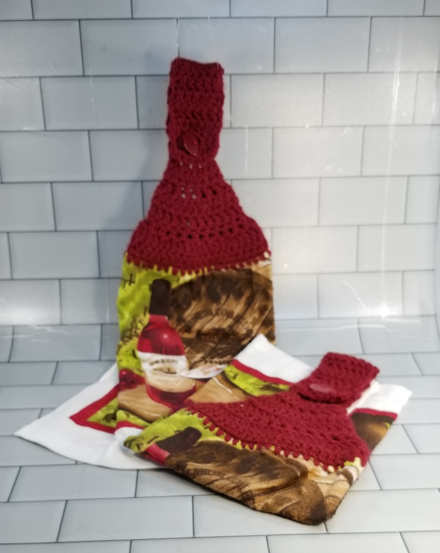 Handcrafted Crochet Hanging Tea Towel Set (Burgundy Toppers) with Loop & Button Fastener