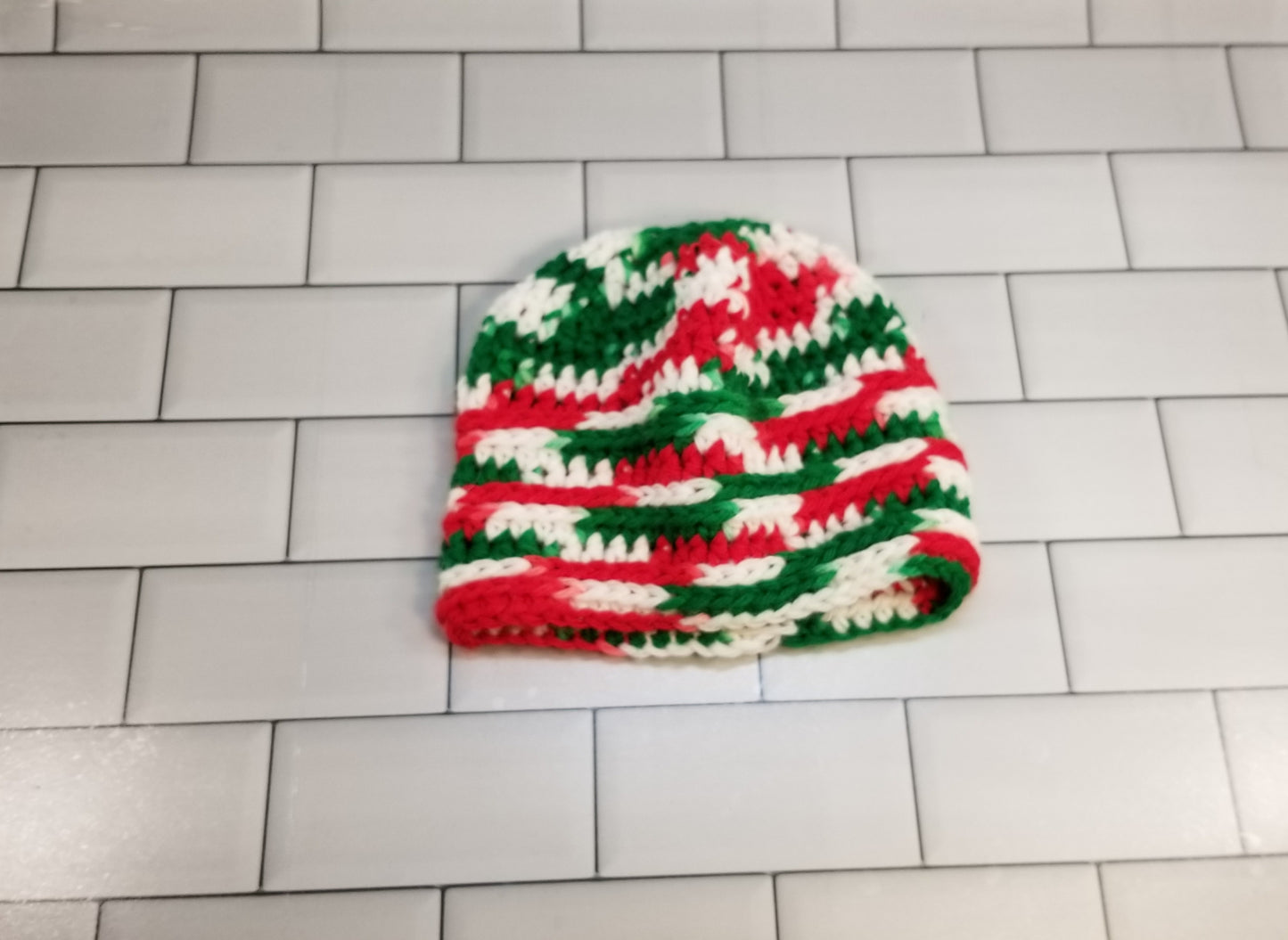 Handmade Crochet Messy Bun Beanie Hat (Child Size) (Red/Green/White)