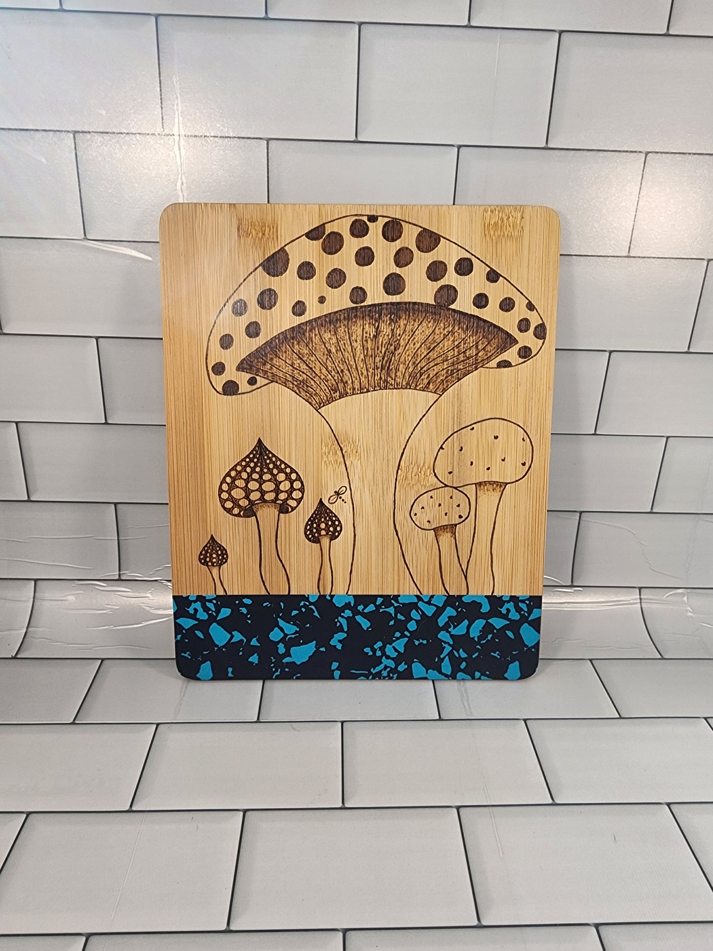 Freehand Woodburned Giant Mushrooms Bamboo Cutting Board