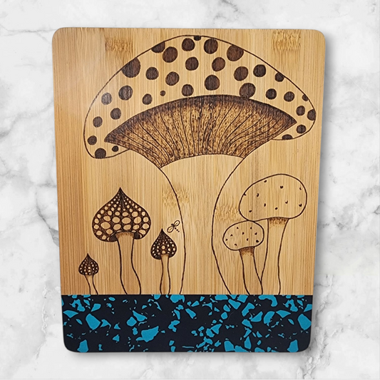 Freehand Woodburned Giant Mushrooms Bamboo Cutting Board