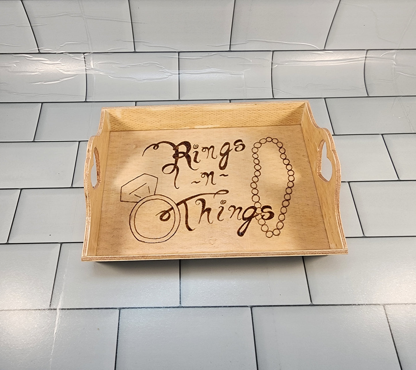 Freehand Woodburned "Rings N Things" Nesting Tray