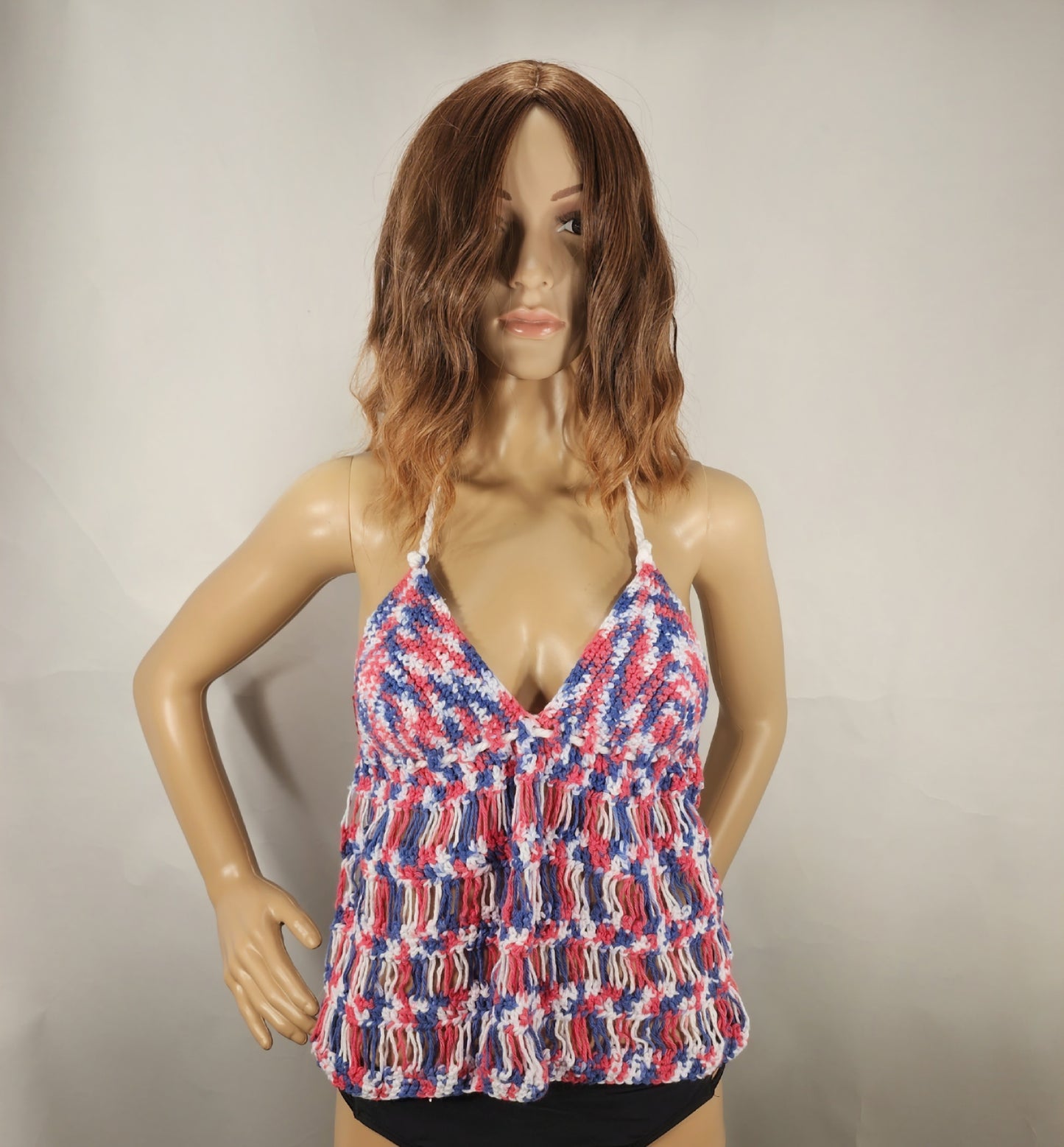 Handmade Crochet Tankini Bikini Swim Top (Red/White/Blue)