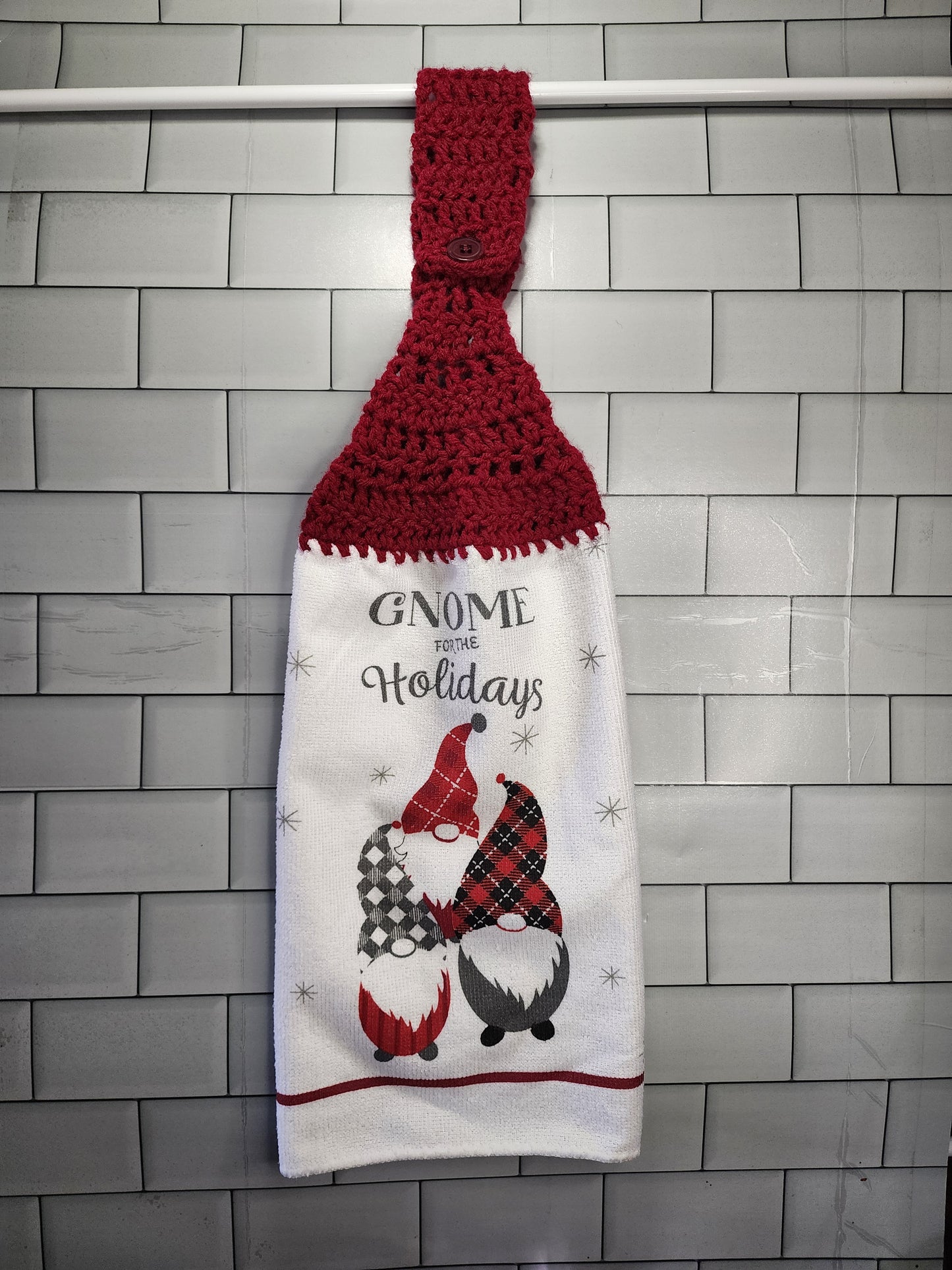 Handcrafted Crochet Hanging Tea Towel (Maroon Topper) with Loop and Button Fastener