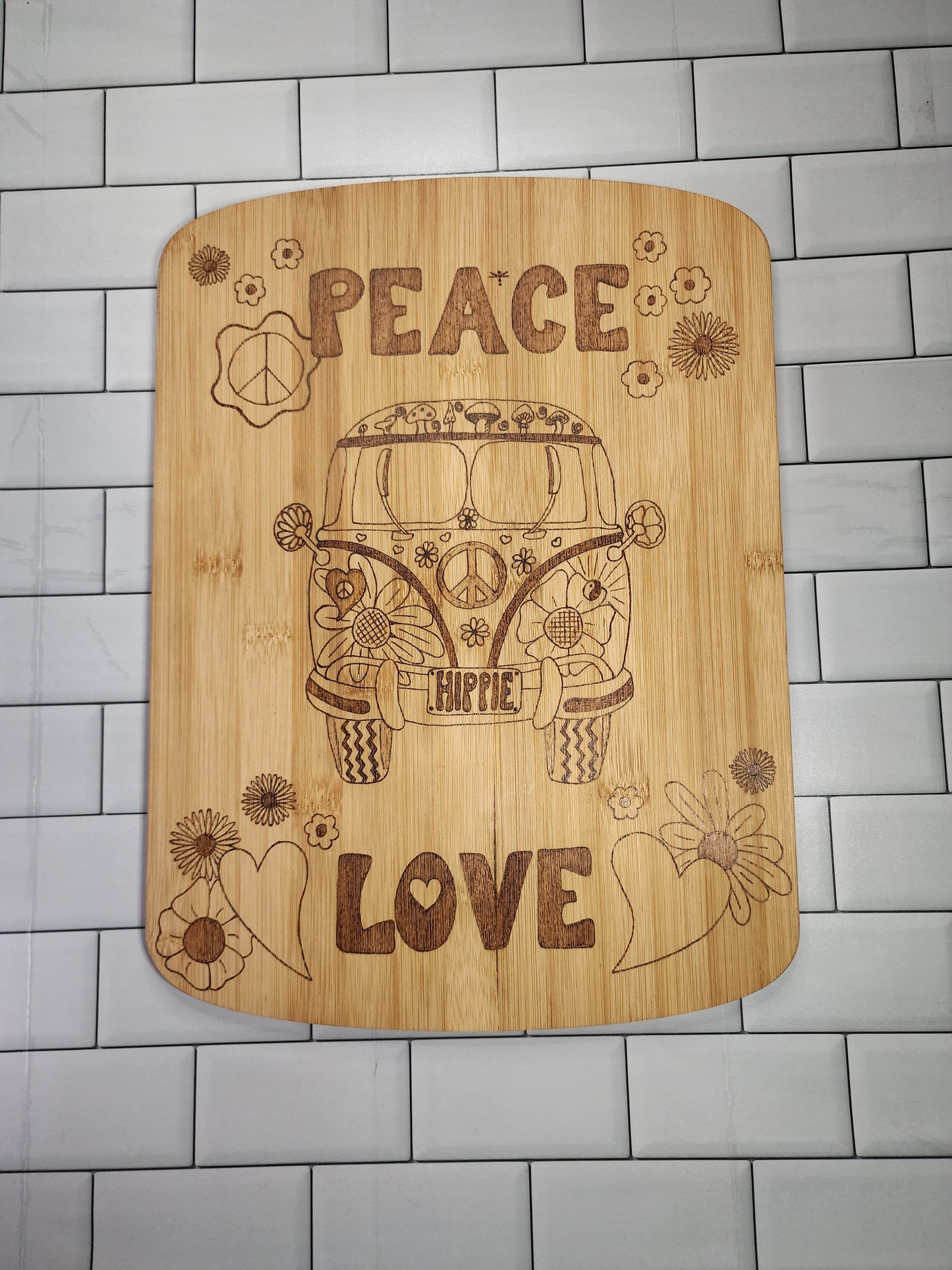 Freehand Woodburned Hippie Bus Peace & Love Bamboo Cutting Board