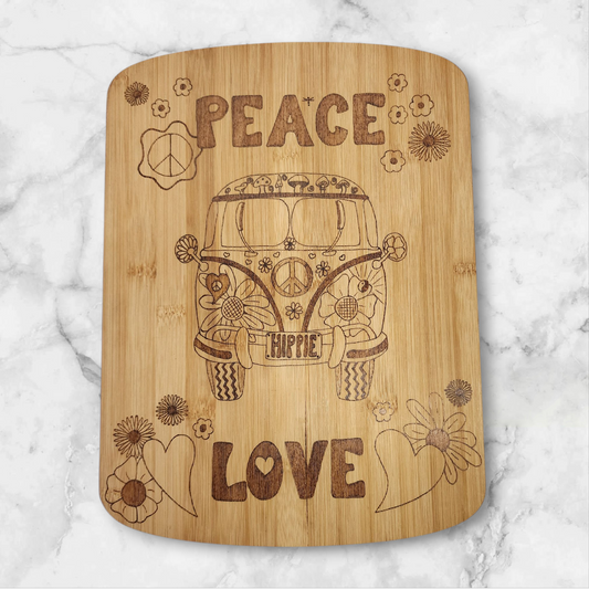 Freehand Woodburned Hippie Bus Peace & Love Bamboo Cutting Board