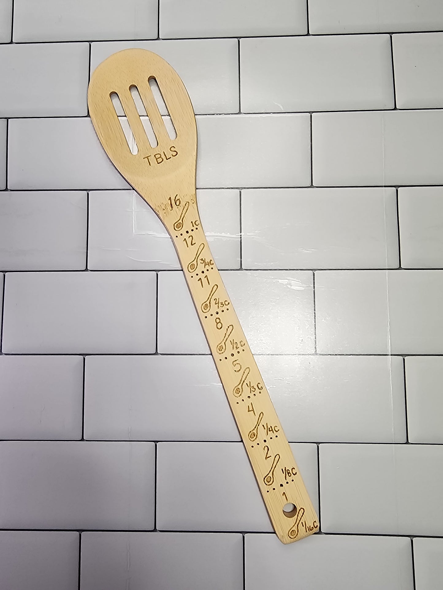 Freehand Woodburned (Tablespoons to Milliliters) Wooden Bamboo Slotted Spoon Utencil