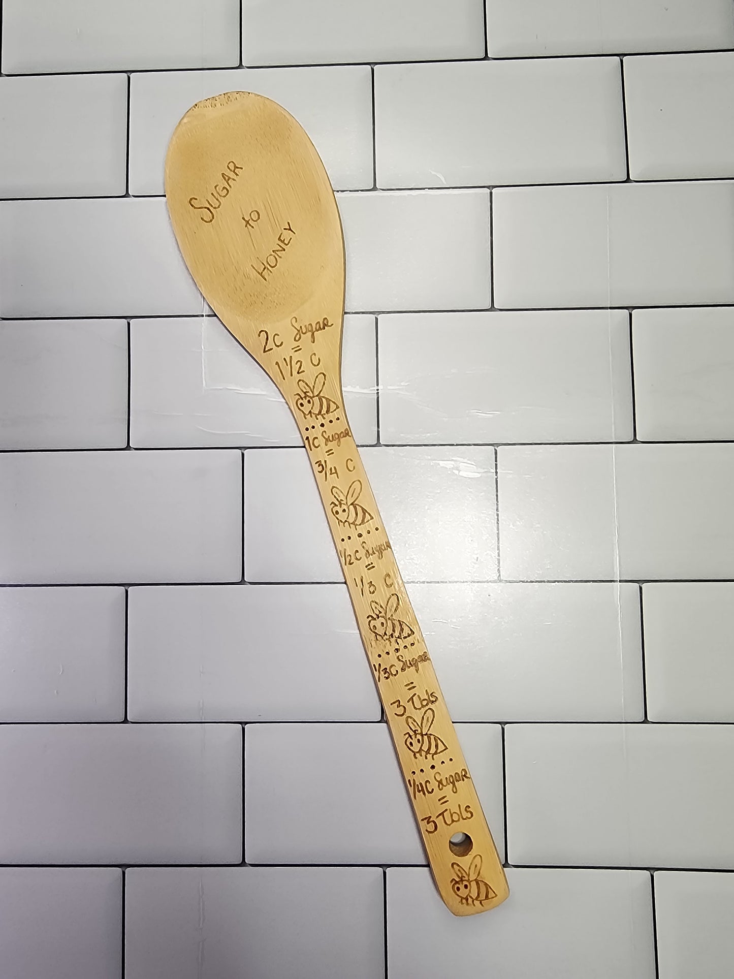 Freehand Woodburned (Sugar to Honey Conversion and Liquid Equivalents) Bamboo Wooden Spoon Utencil