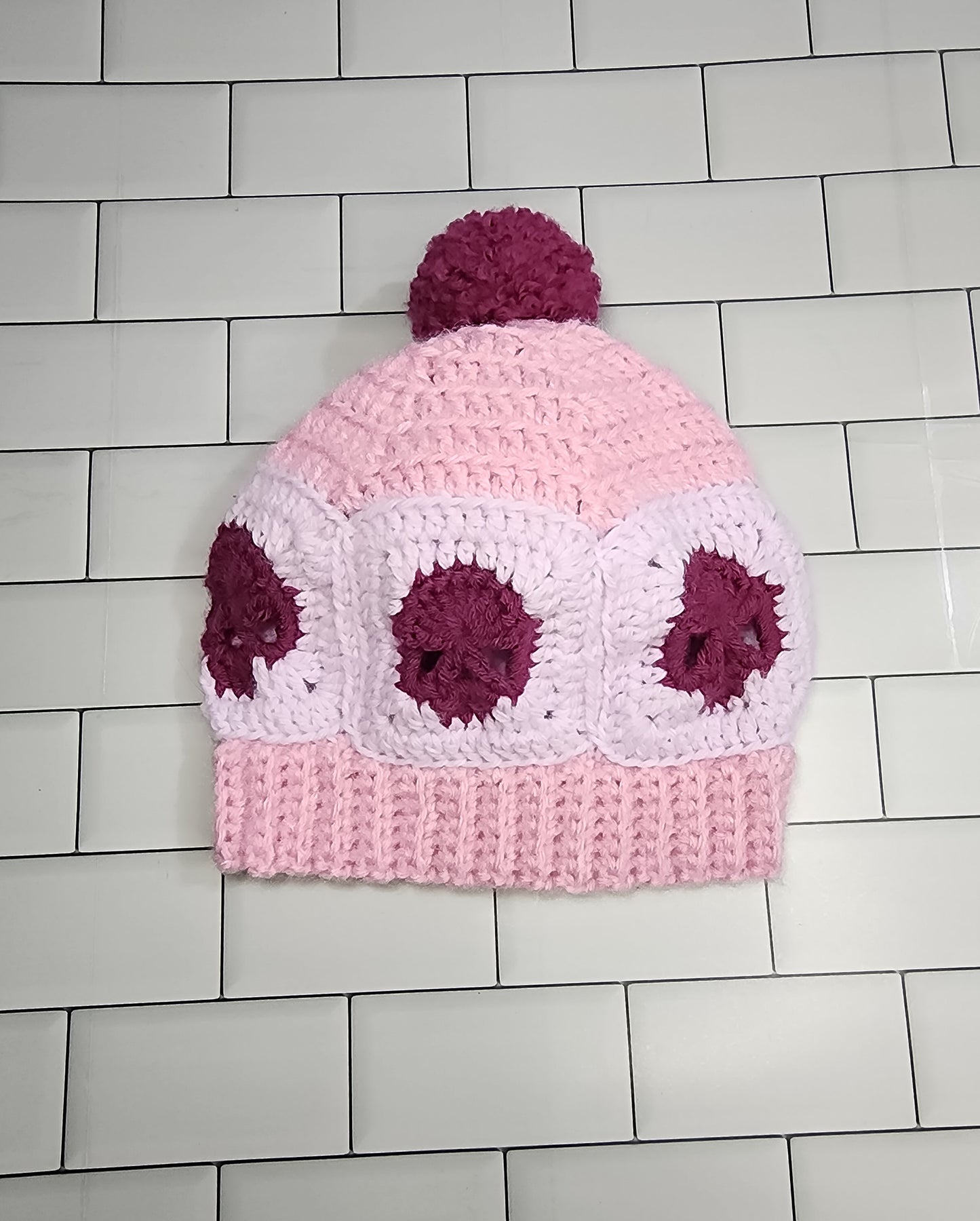 Handmade Crochet Skull Beanie Hat with Pompom (Child Size) (Pink/Purple)