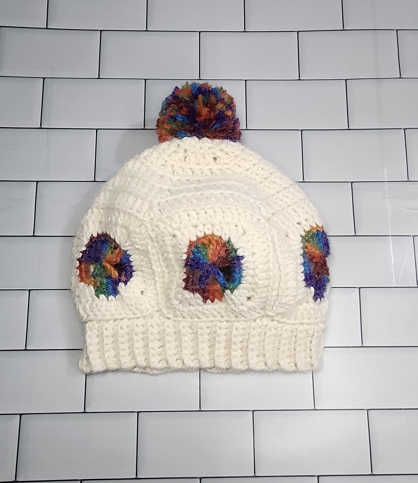 Handmade Crochet Skull Beanie Hat with Pompom (Child Size) (Off White/Rainbow)