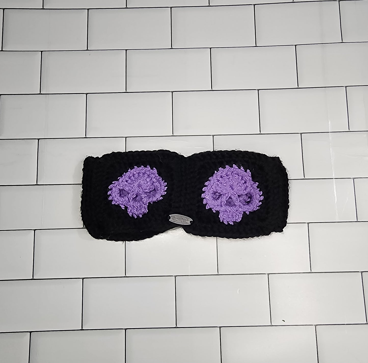 Handmade Crochet Earwarmer with Skulls and a Twist (Child Size) (Black/purple)